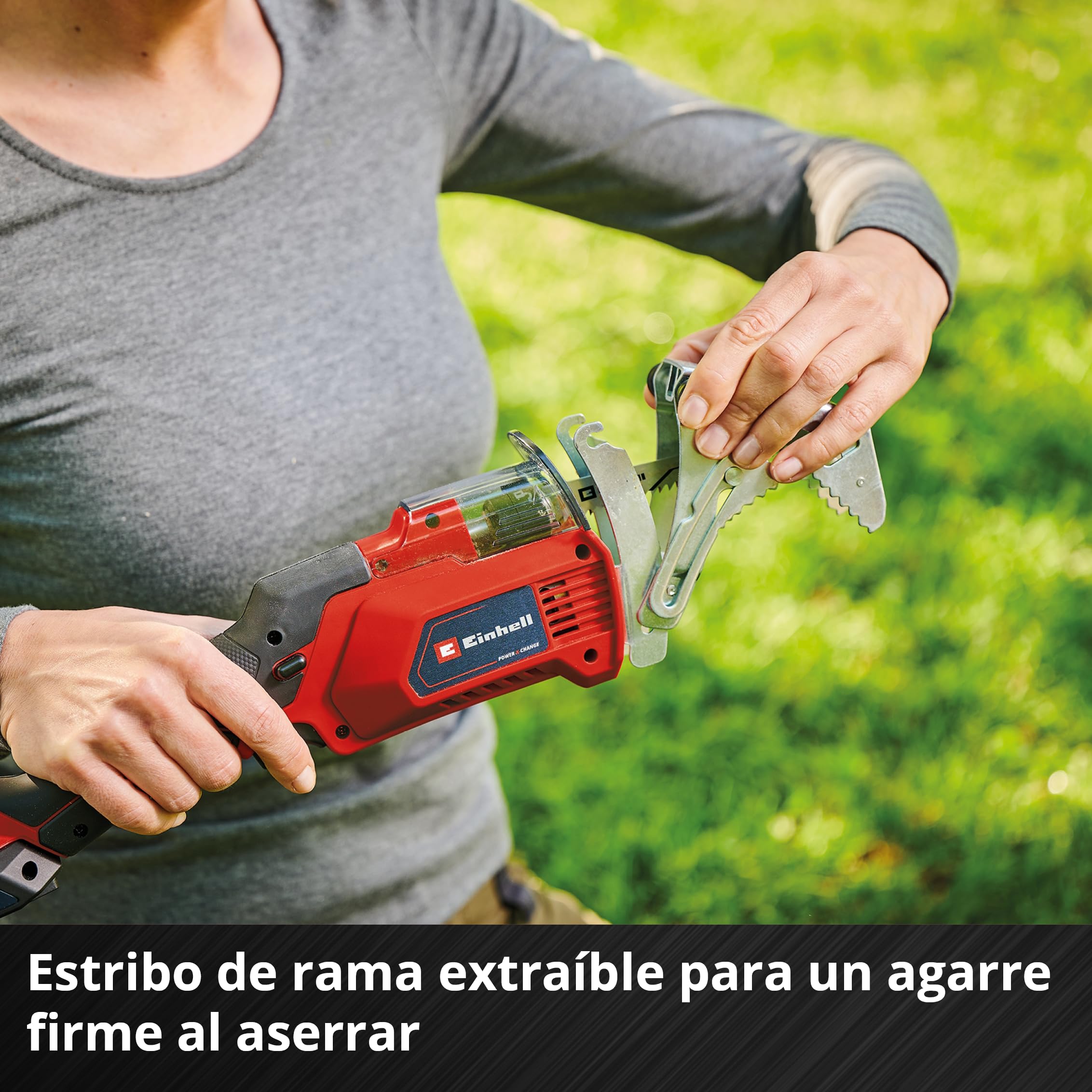 Einhell Sierra de ramas con batería GE-GS 18/150 Li-Solo Power X-Change (18V, 100mm espesor de corte máx, 20 mm altura carrera, estribo de rama desmontable, incl. 2 hojas de sierra, sin batería)