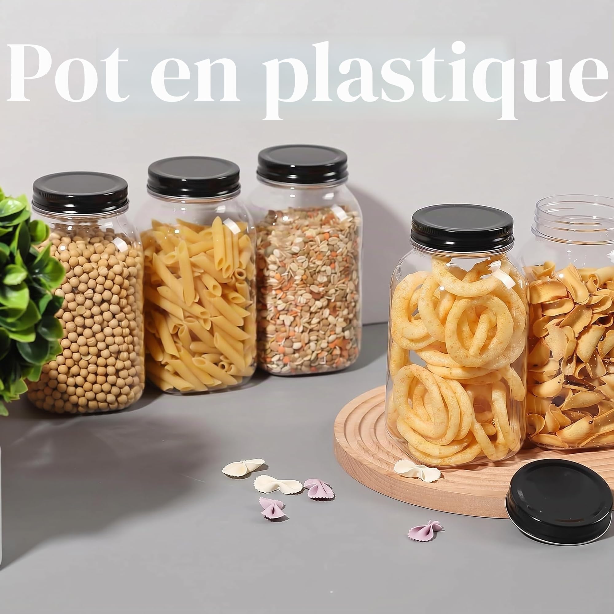 novelinks Lot de 6 bocaux hermétiques en plastique sans BPA avec couvercles en métal, pour garde-manger, épices, collations, cuisine et salle de bain, étanches et réutilisables (noir)