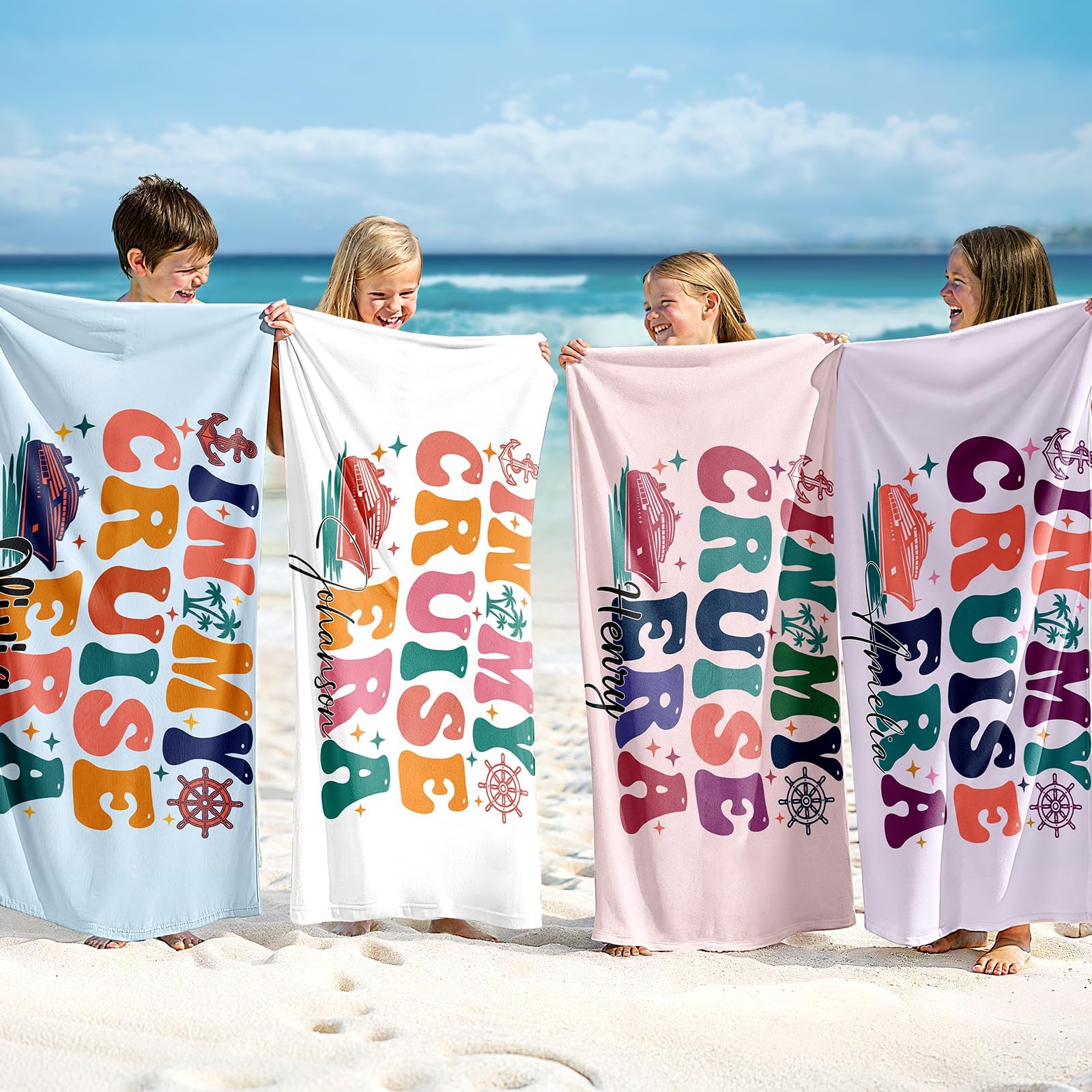 Infiher Personalised Beach Towels for Kids,Custom Cousin Crew Beach Towels with Name,Customised Kids 280gsm-420gsm Thick Soft Absorbent Monogrammed Towels for Swim,Bath,Pool,Vacation,Gifts(8 Colors) — image 1