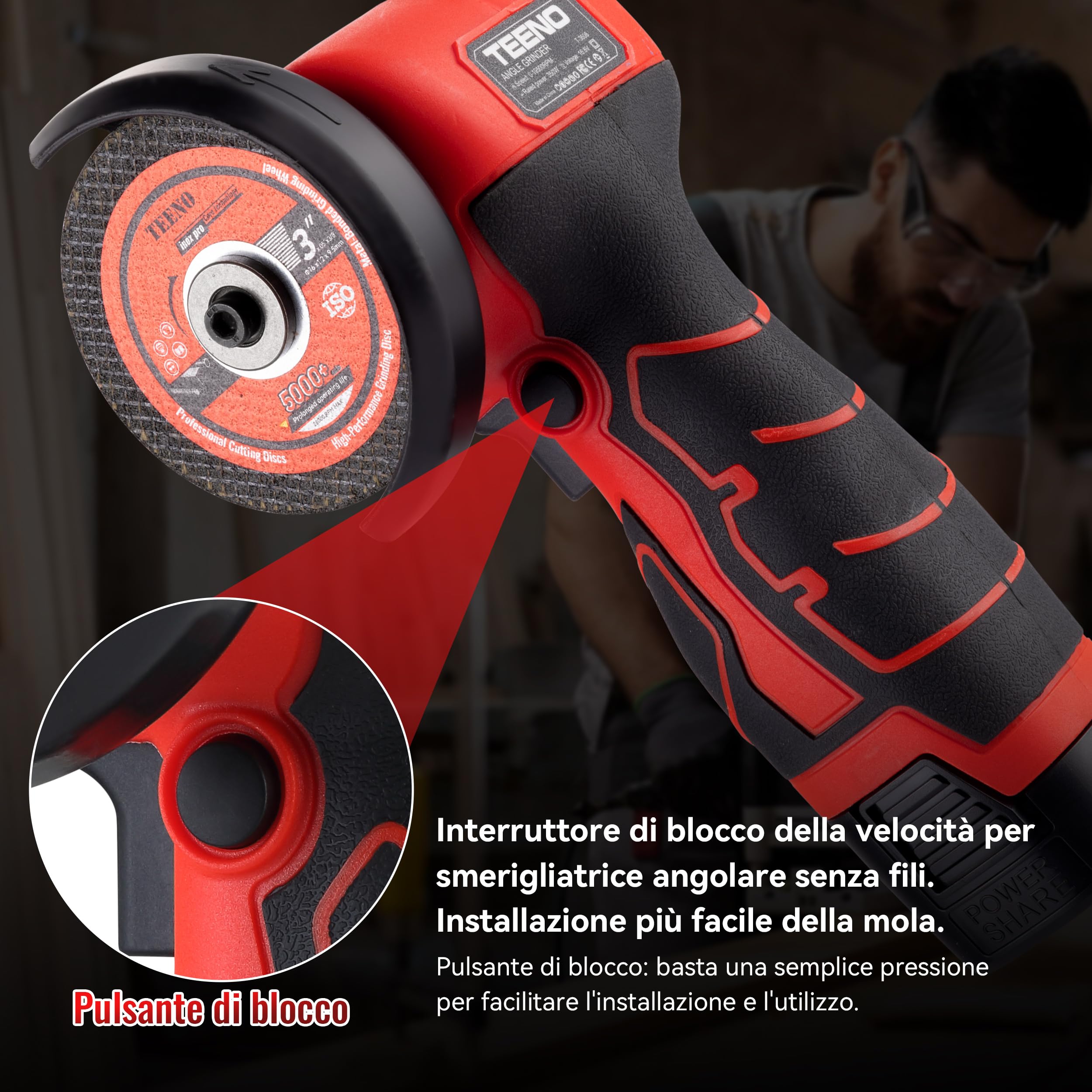 Smerigliatrice Angolare TEENO 19.500 RPM - Smerigliatrice Senza Filo 76mm, Kit Completo con 2 Batterie 2000mAh e 6 Dischi - Per Smerigliatura, Lucidatura, Taglio Professionale