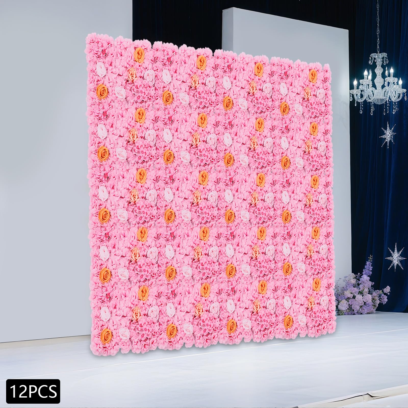 Künstliche Blumenwand 12-teilig, Blumen Wandpaneel 60x40cm aus Seide für Garten Balkon Dekoration, Realistische Kunstblumen für Hochzeit Party Wohnzimmer, DIY Deko Set Rosa Champagne