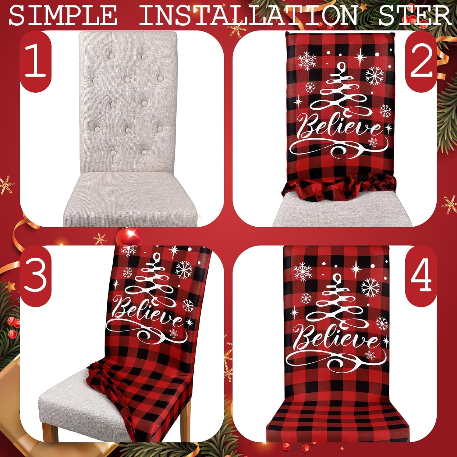 Mindsoft 6 Pcs Christmas Chair Covers Dining Protector Removable Washable Stretch Xmas Tree Snowman Buffalo Plaid Slipcovers for Thanksgiving Dining Hotel Party Wedding Holiday Decor