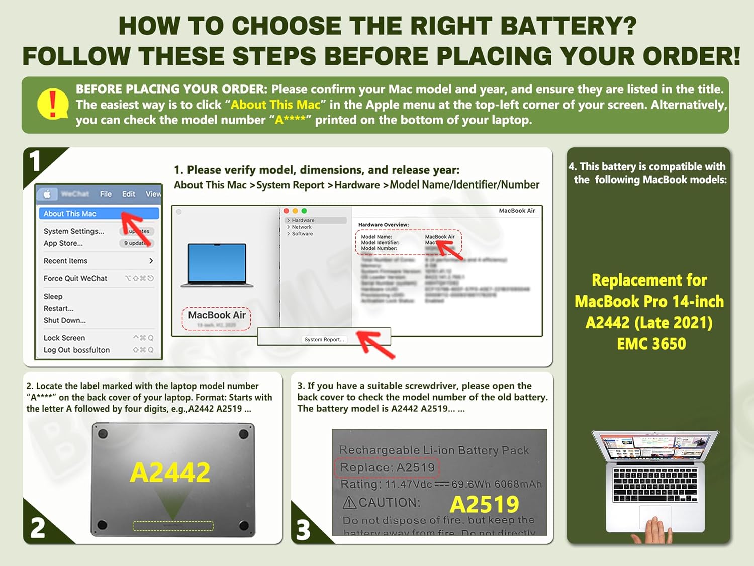 A2519 A2442 Battery Replacement for MacBook Pro 14-inch A2442 (2021), EMC 3650 8102 A2519 Battery - 6100mAh 69.9Wh