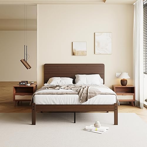 14 Inch High Solid Bamboo Wood Full Size Bed Frame with Headboard, Heavy Duty Metal Slat Support, No Box Spring Needed, Easy Assembly