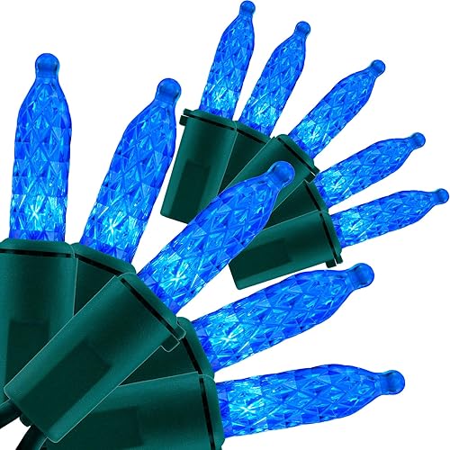 YULETIME Luces LED azules de Navidad facetadas, 200 unidades, 50 pies, paquete de 2 hebras de 25 pies, 100 luces con certificación UL, grado YULETIME Luces LED azules de Navidad facetadas, 200 unidades, 50 pies, paquete de 2 hebras de 25 pies, 100 luces con certificación UL, grado