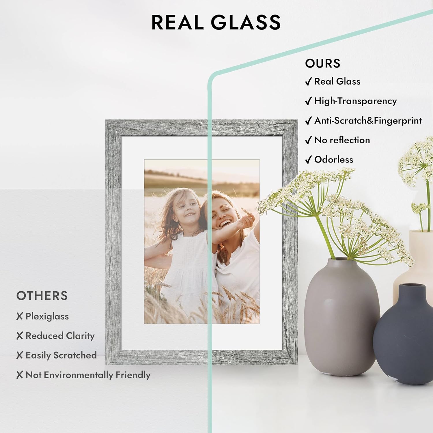 8x10 Picture Frame, Made of Real Glass and Wooden Frame, Horizontal and Vertical Display for Wall or Tabletop (Grey, 1 Pack) - Image 3