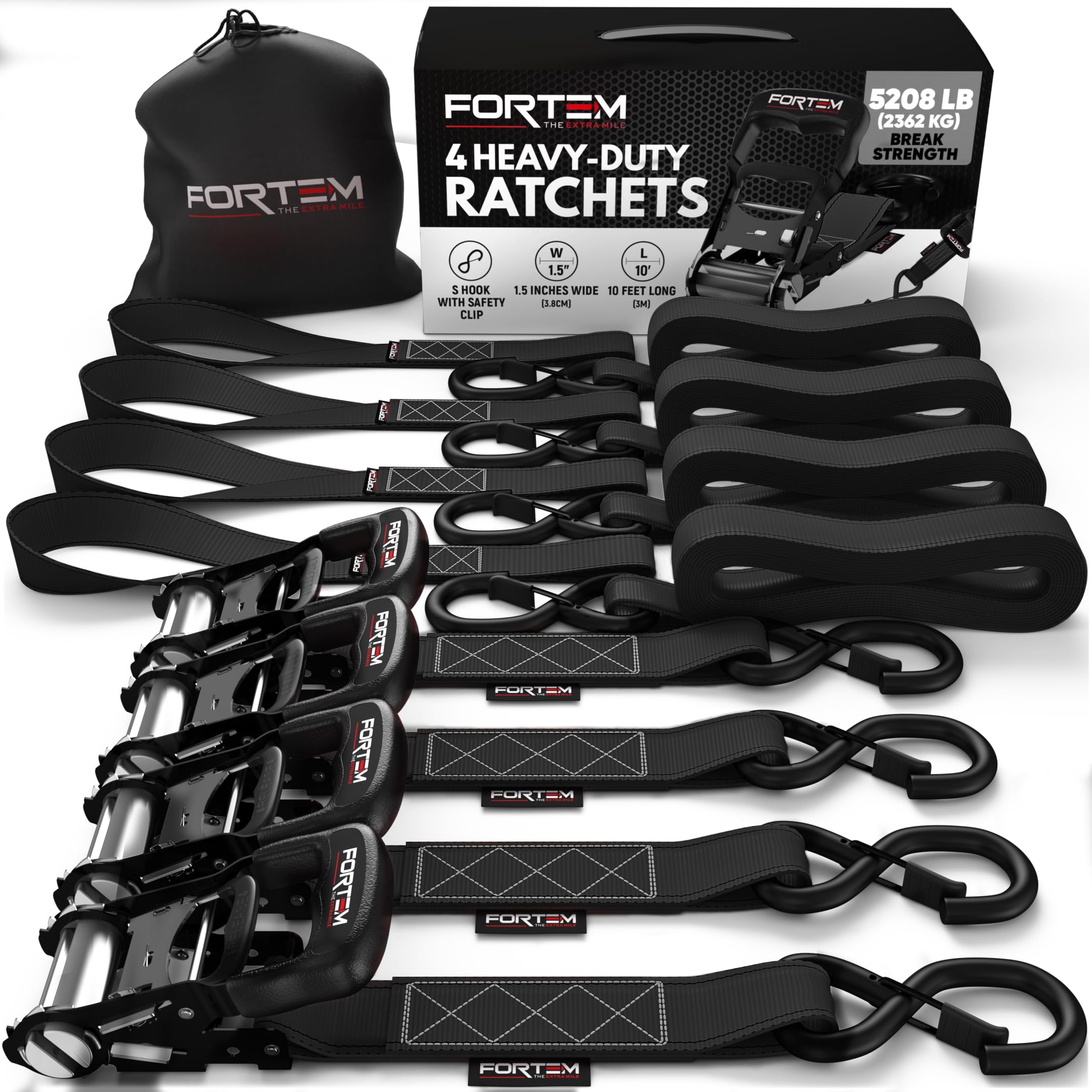 FORTEM Sangle a cliquet, Sangles d'arrimage à cliquet 4x4,5 m (Résistance 2362 kg), Sangle demenagement, Moto, remorque, Camion, 4 Boucles Souples, Crochets Métal Enduit, Sac inclu
