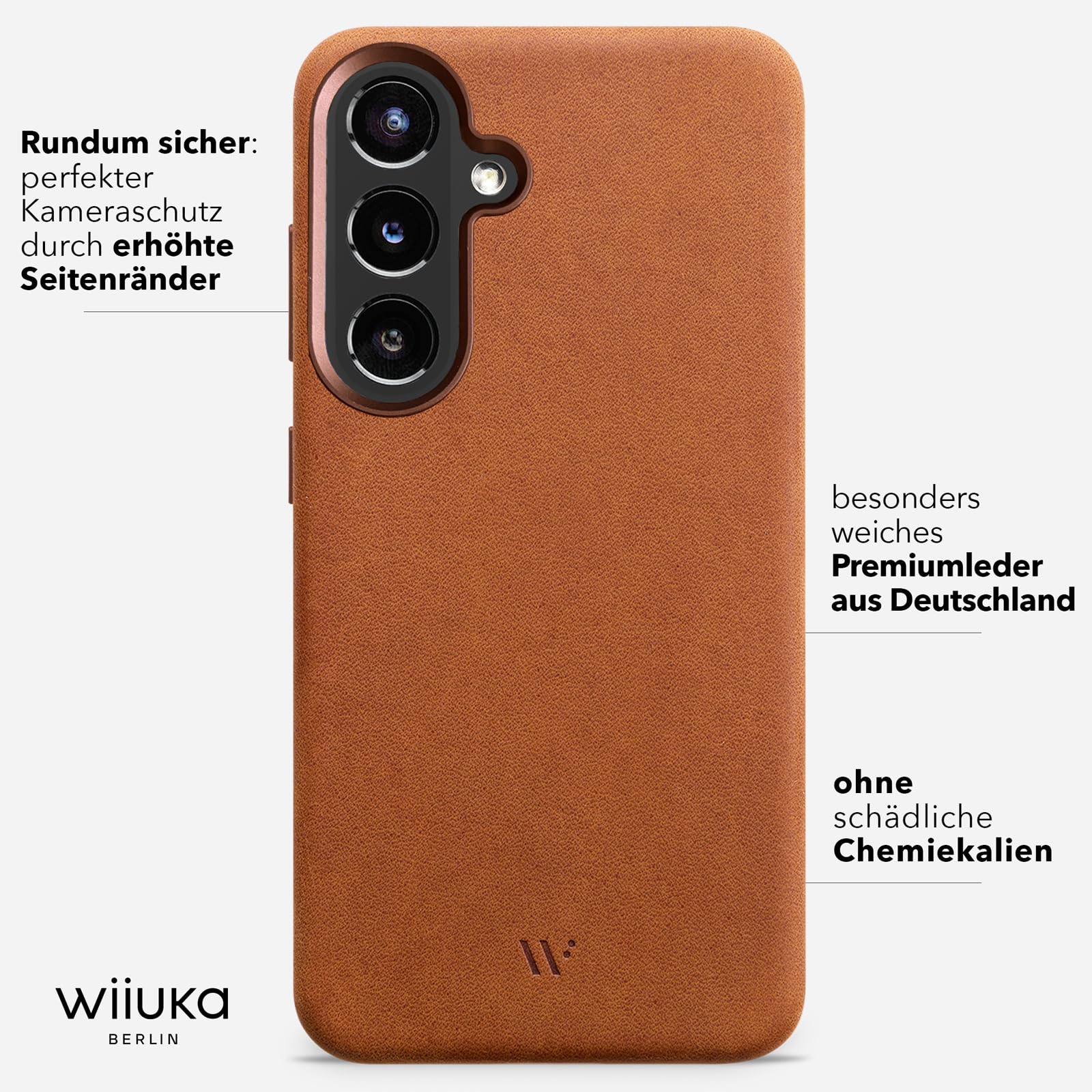WIIUKA Hülle für Samsung Galaxy S26, Leder aus Deutschland, 360° Schutz, Lederhülle extra Dünn, Premium Handyhülle, Case, Qi, für Samsung S26, skiin More Cognac