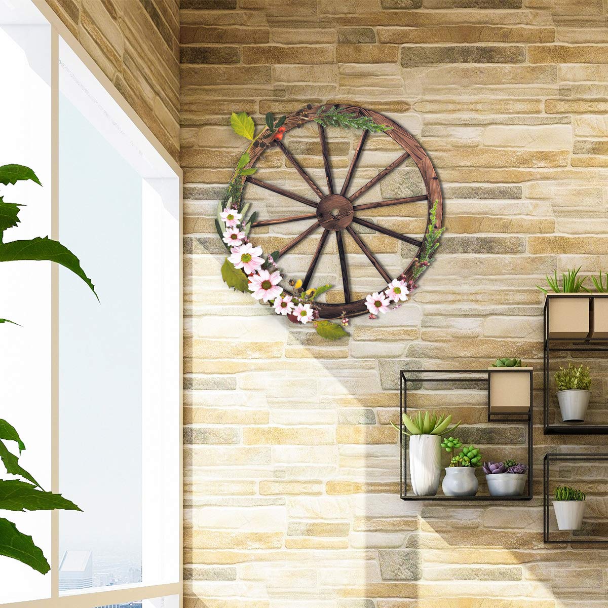 GYMAX 2 Ruote in Legno, Ruota Decorativa Interno & Esterno, Marrone 76 x 76 x 3,5 cm
