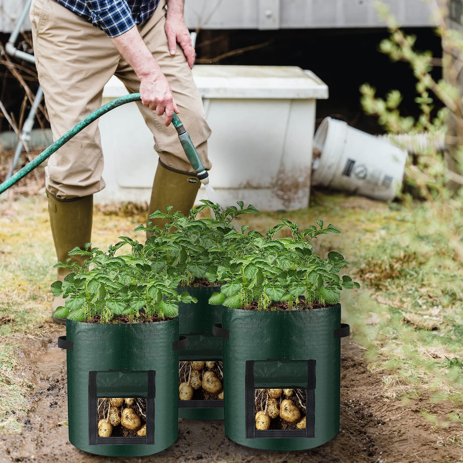 LITLANDSTAR Lot de 6 sacs de culture de pommes de terre, sacs de culture de 57 litres sacs de plantation de jardin avec fenêtres à rabat et poignées, sacs de culture de légumes pour pommes de terre