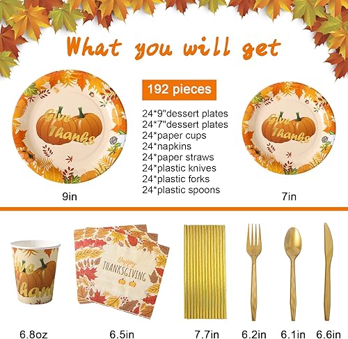 Miniatura 2 de 192 platos desechables para fiesta de Acción de Gracias, 24 platos de papel, tazas, popotes, servilletas, cuchillos, tenedores y cucharas, juegos de