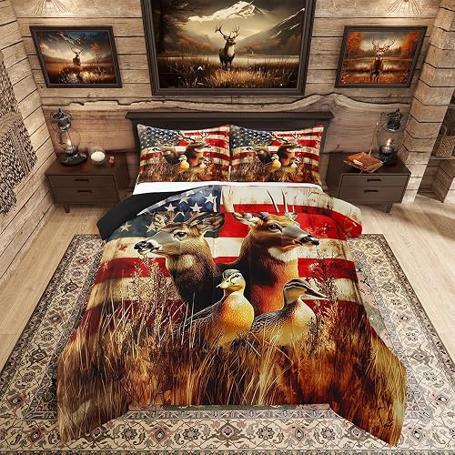 American Flag Comforter Set for Kids Boys Teens Jungle Hunting Woodland Deer Bed