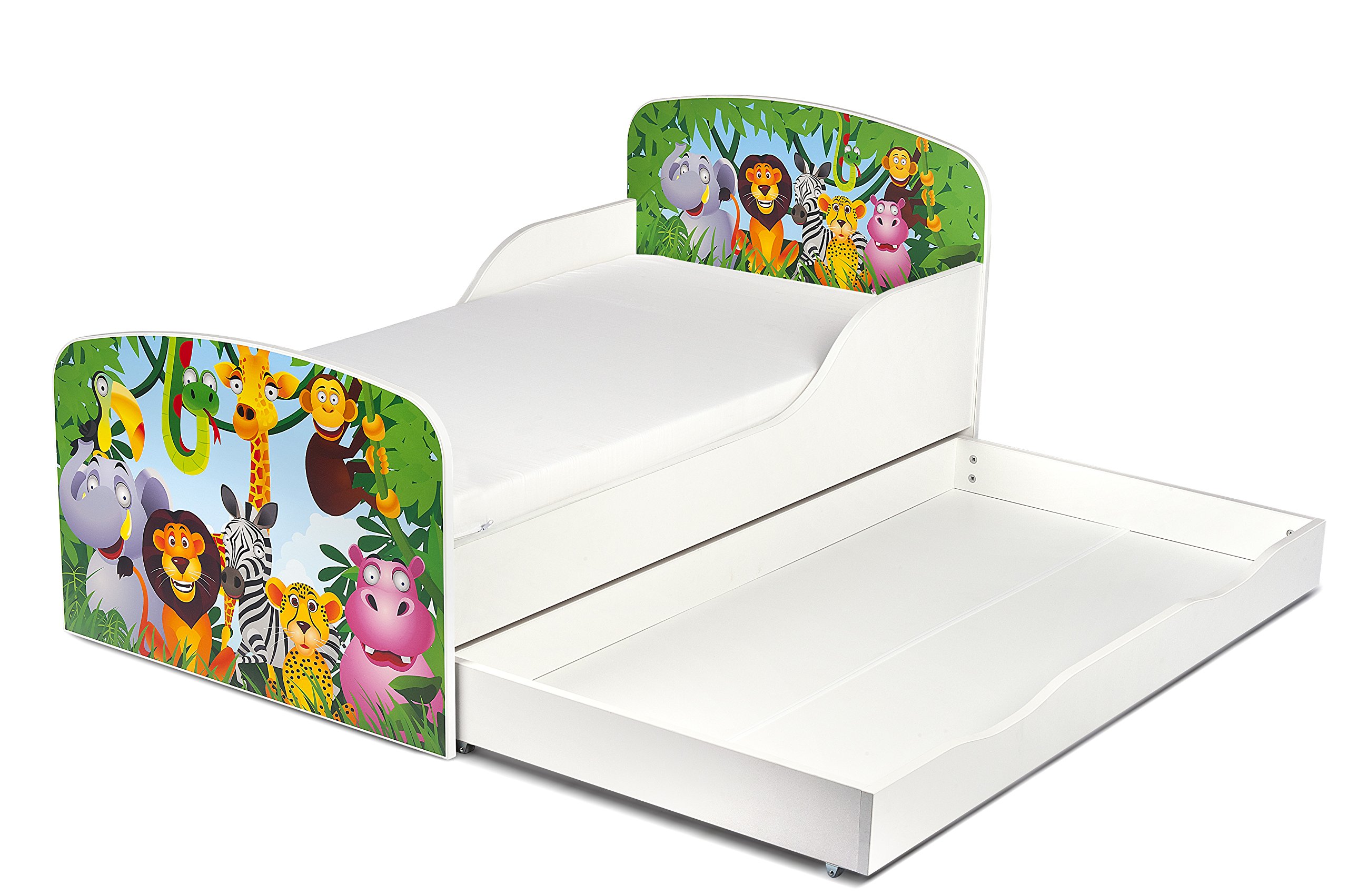 leomark Letto per bambini in legno, cassetto e materasso, rete a doghe, mobili per bambino, magnifiche stampe, dimensioni del materasso 140 x 70 cm, colore bianco con motivo: GIUNGLA