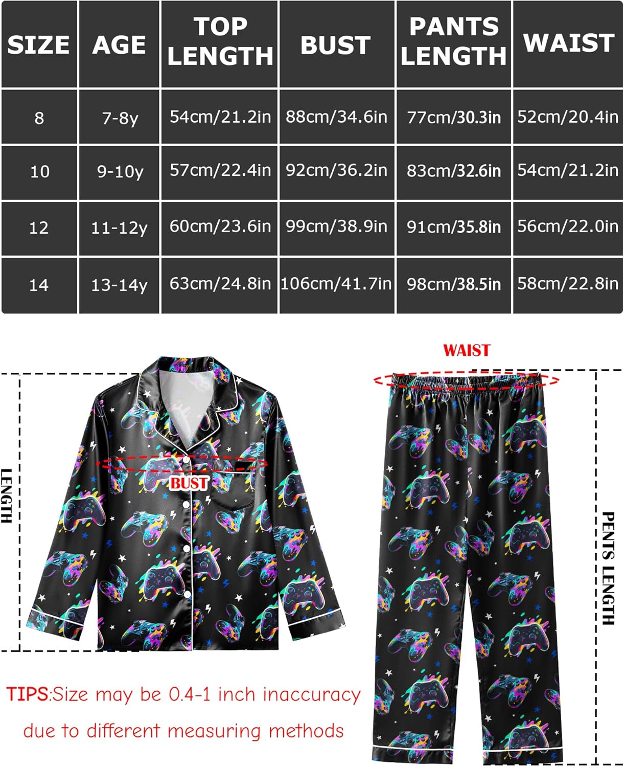Boys Pajamas Big Boys Silky Pajamas Gamer Satin Long Sleeve and Pants Button Down 2 Piece Pjs Sleepwear Set Size 8-14 - Image 5