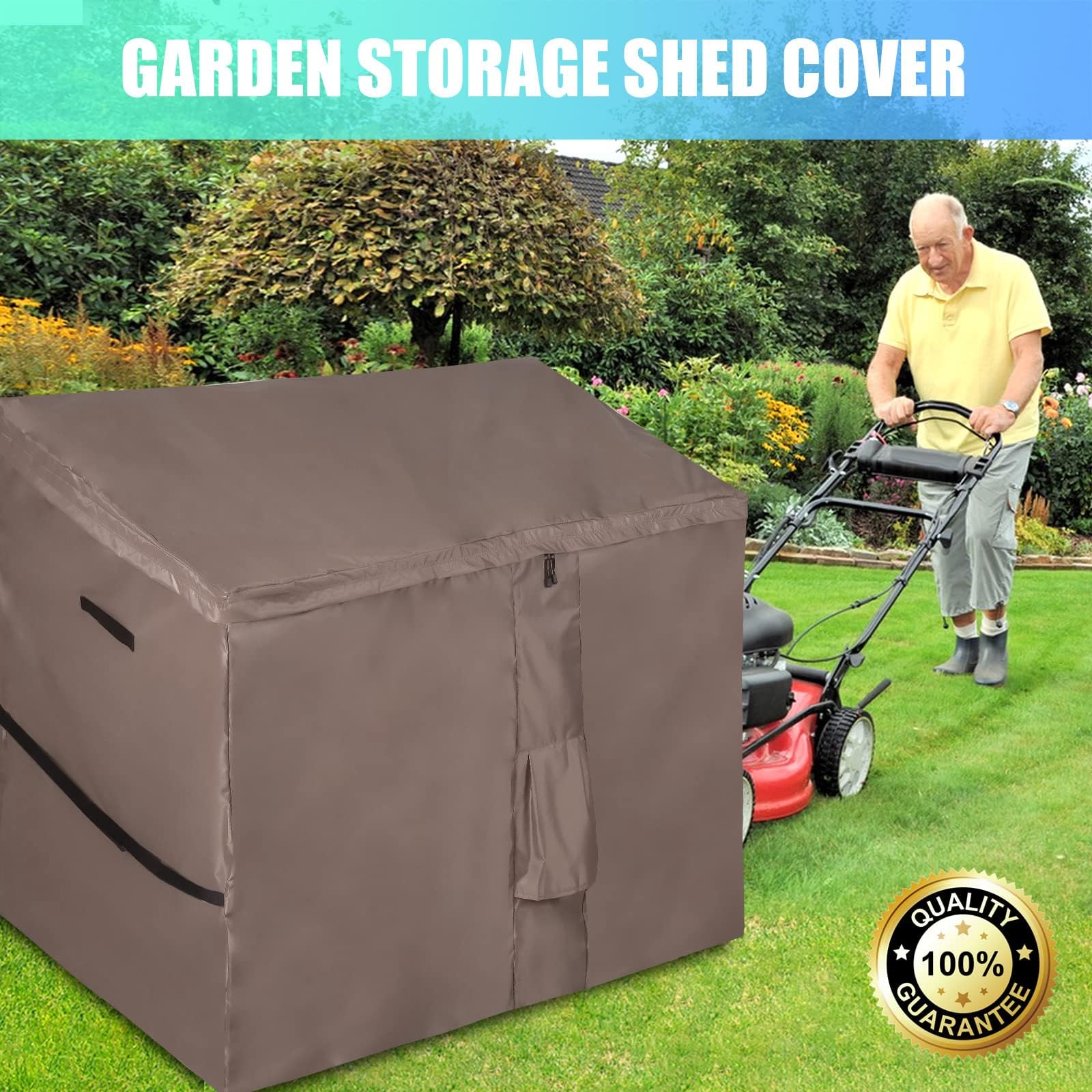 Housse Imperméable pour Abri de Jardin, Bâche de Coffre de Rangement Extérieur avec Dessus à Ouverture Facile, Pour la Série Store It Out, 420D Oxford Brun (147*86*125cm)