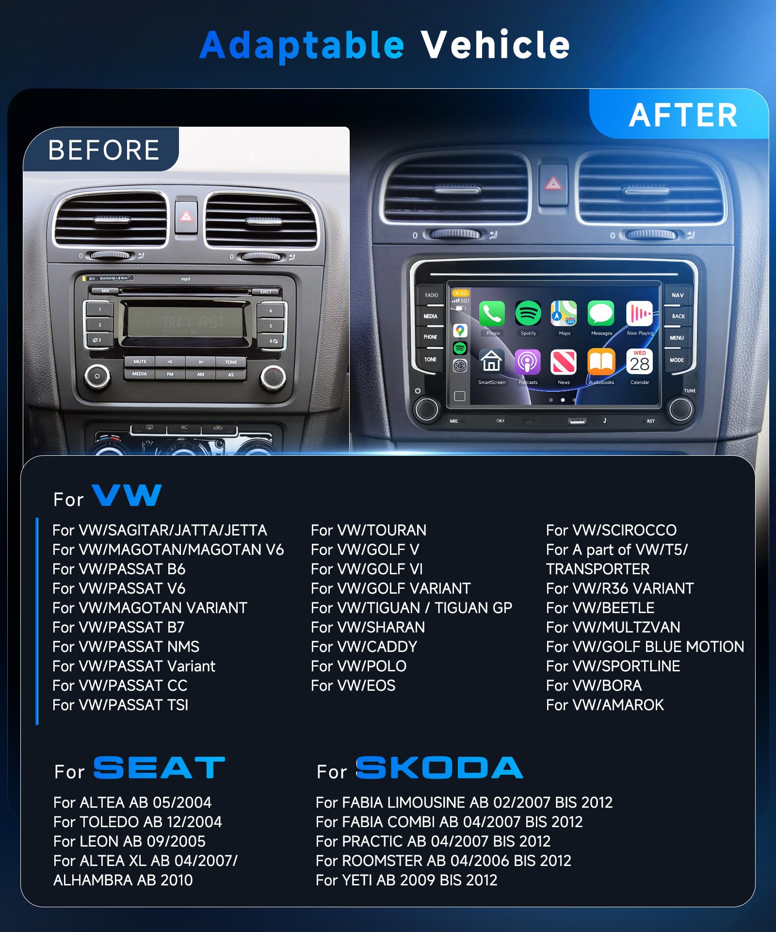 VECHTEL4G+64G Android 15 Autoradio per VW Golf 5 6 Passat Jetta Caddy EOS T5 Tiguan Touran CC Polo, 7" HD Schermo Tactile co Carplay Android Auto senza Fili GPS WiFi USB Tipo-C Bluetooth FM RDS Camera