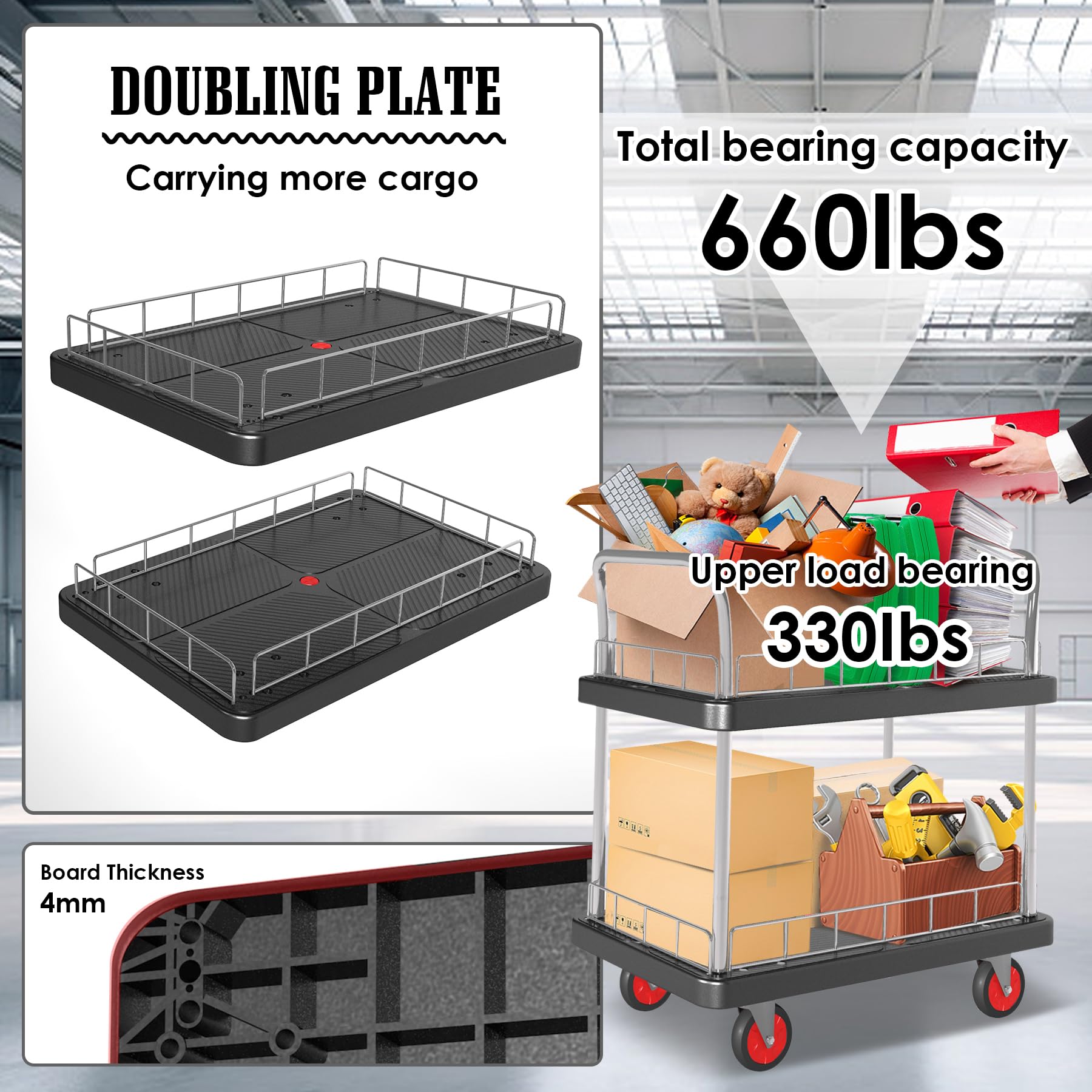 Heavy-Duty Utility Cart - 2 Shelves, 660lbs Capacity -2