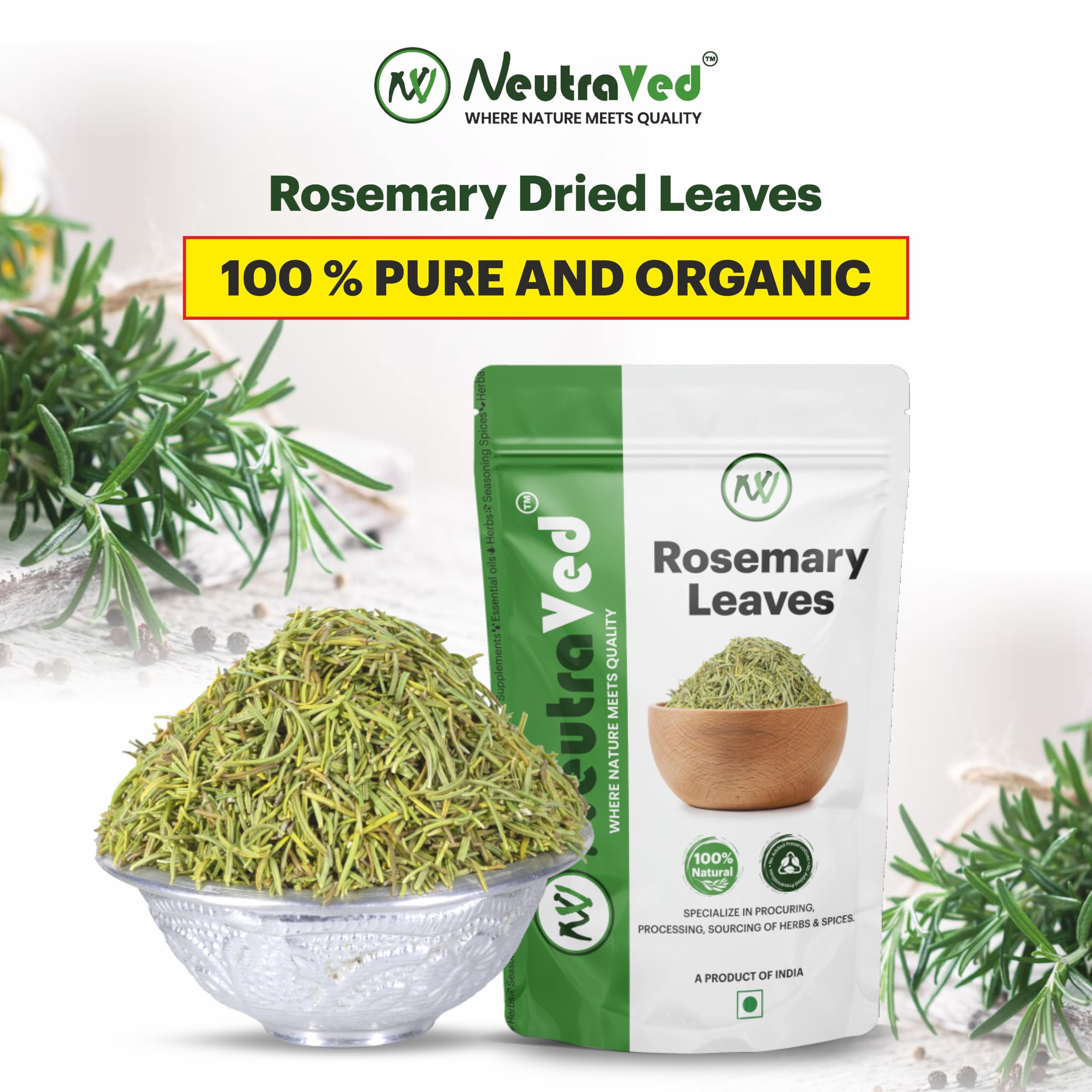 NeutraVed Rosemary Leaves 100G + Comb Applicator + Mist Spray + Neem Comb|Food & Hair Growth|Fresh, Aromatic Leaves For Stronger, Nourished Hair|Know Quality Packed Zipper Pouch,100 Gram - Image 2 thumbnail