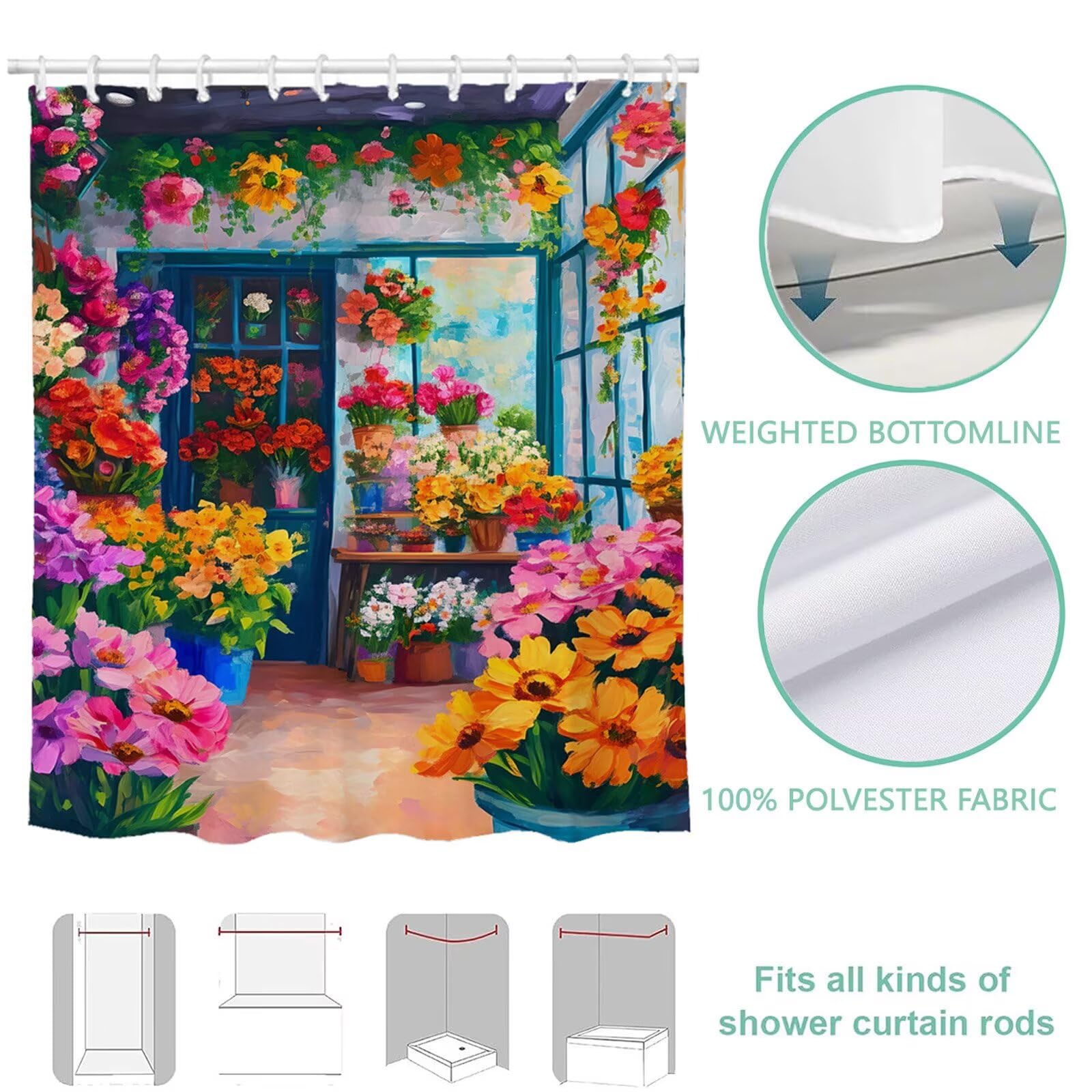 Duschvorhang 180x240 cm Garten Shower Curtains Bunte mit Gewicht und 12 Plastik Haken, Anti Schimmel Wasserdicht, Waschbar Schnelltrocknender Polyester Stoff, Dekorative Vorhang für Badewanne 6H-269
