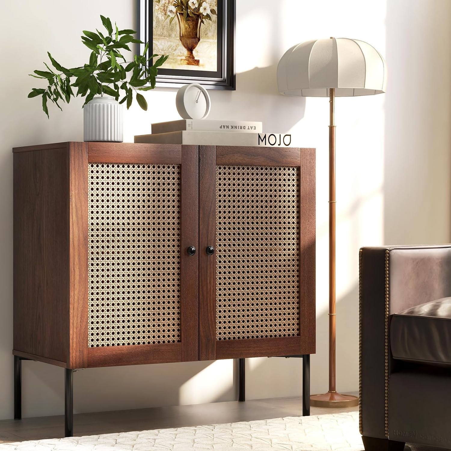 Giantex Buffet Cabinet, Wood Sideboard Storage Cabinet with Rattan Door, 3-Position Adjustable Shelf, Freestanding Coffee Bar Accent Furniture, Kitchen Cupboard Organizer for Living Room Hallway
