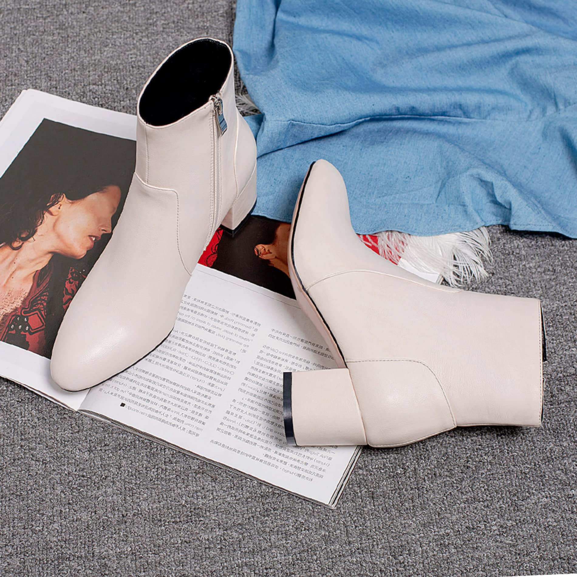 Botines Mujer Tacón Ancho, Botines de Vestir Tacón Medio Almond Toe Botín Zip Sencillo, Talla 33-45