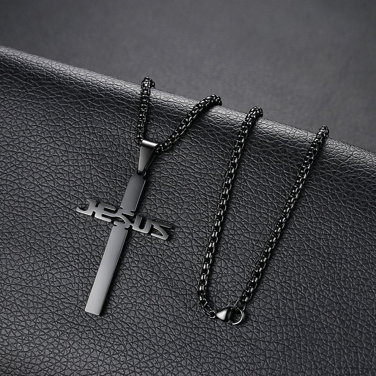 REVEMCN Stainless Steel Jesus Cross Pendant Necklace for Men Women 20-24 Inches Rolo Chain Christian Gifts for Men Faith - Image 3