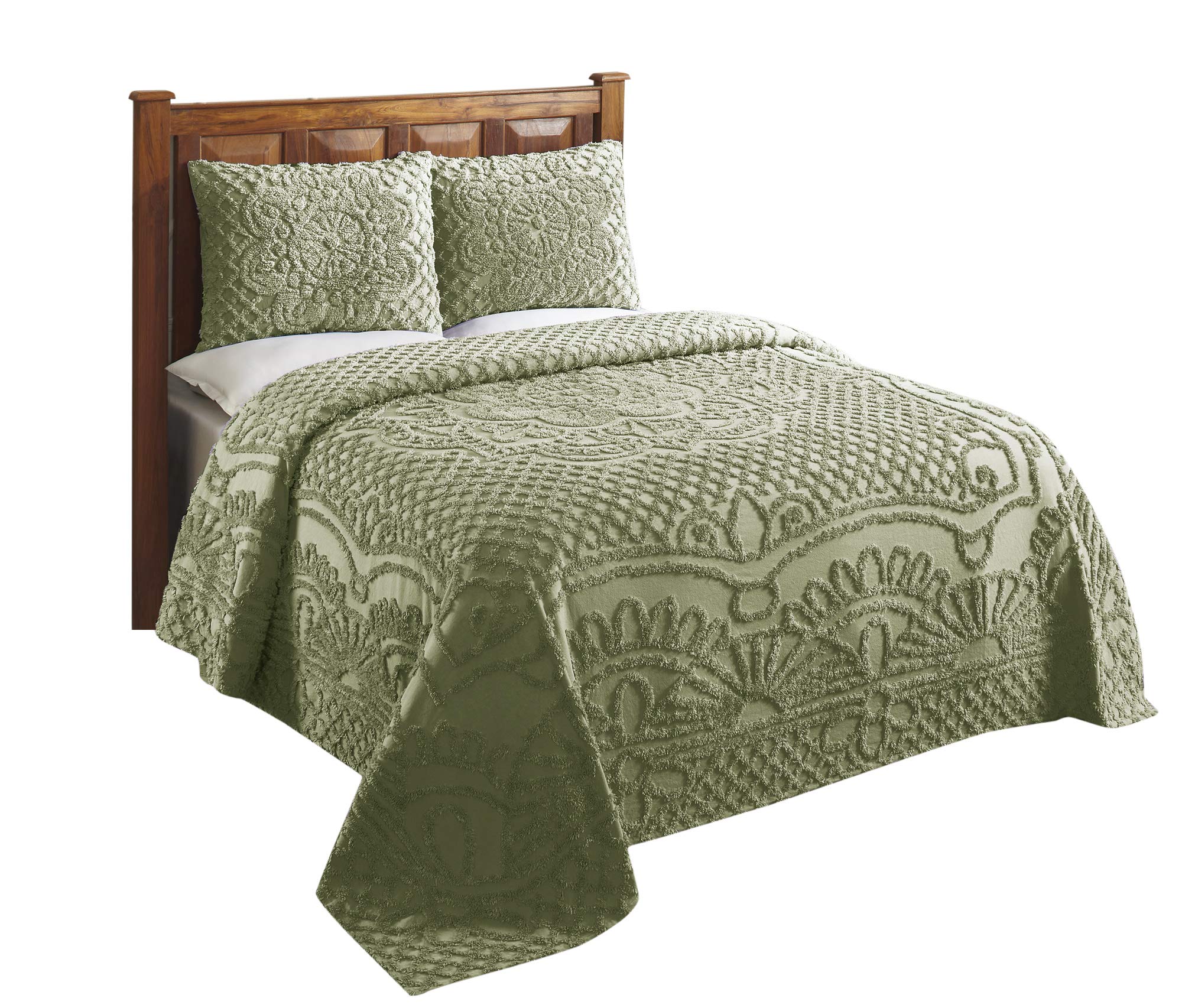 Better Trends Chenille Bedspreads Set Queen Size, Trevor Collection Medallion Design in Sage - Lightweight bedspreads, 100% Cotton Tufted Cotton Bedspreads