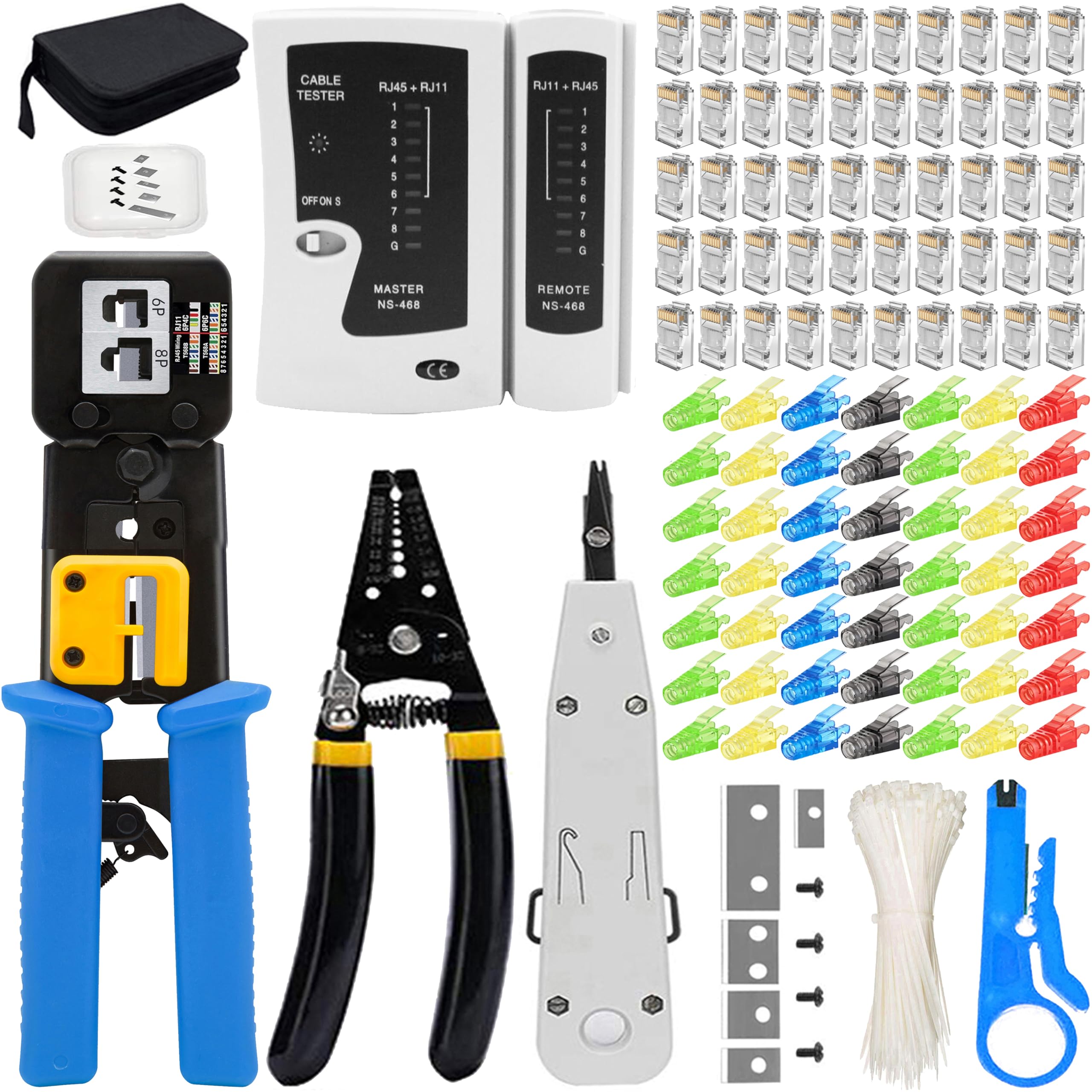 Leatbuy Kit d'outils réseau - Testeur de câble - Outils de réparation de câbles - Pince à dénuder - Coax RJ45 CAT5 CAT6 - Pince à sertir - Détecteur de données de fil (bleu)