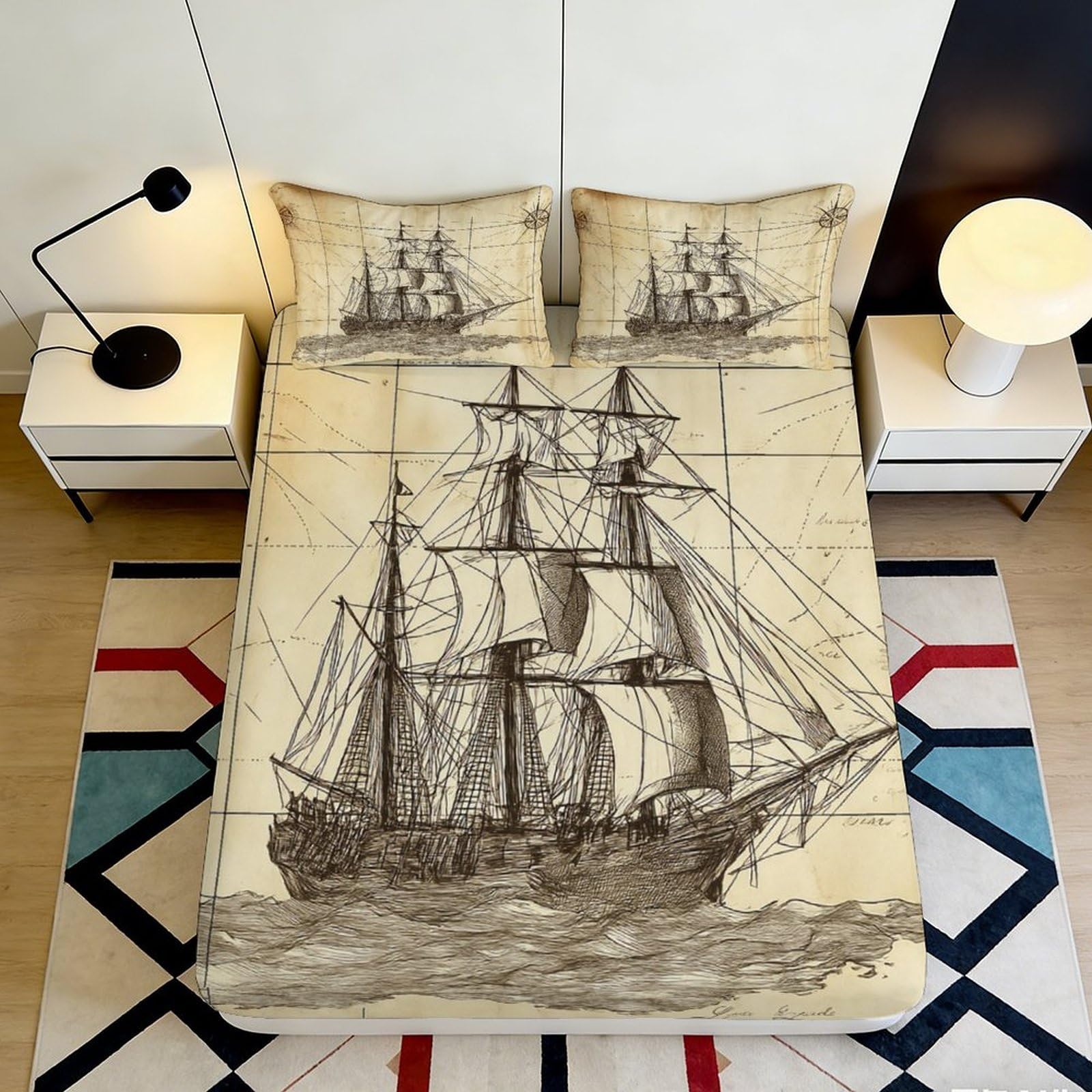 3D Printed Vintage Sailing Ship Fitted Sheet Microfiber Soft Bedroom Decor Antique Nautical Map Mattress Cover 120x200x25cm