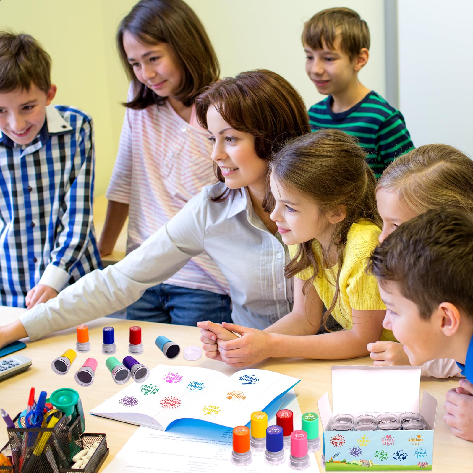 Set di timbri autoinchiostranti per insegnanti, per insegnanti, comportamento motivazionale, per bambini, studenti, ricompensa, incoraggiare i compiti a casa, test ben fatti, 8 pezzi