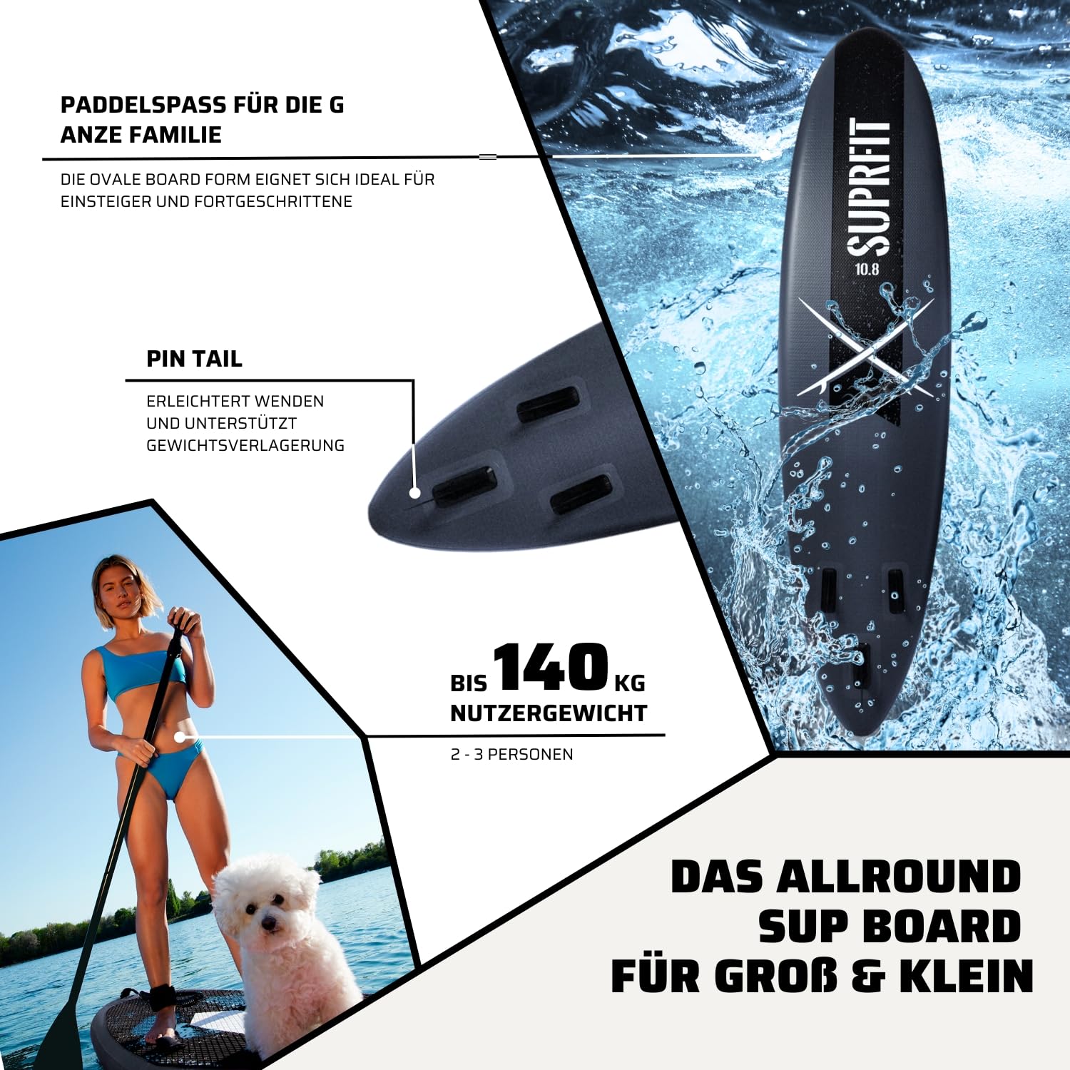 SUPRFIT Tabla de paddling Stand Up Surfit como juego completo inflable, tabla de remo con doble capa de PVC, paddle stand-up, tabla de paddle Stand Up hasta un máximo de 150 kg