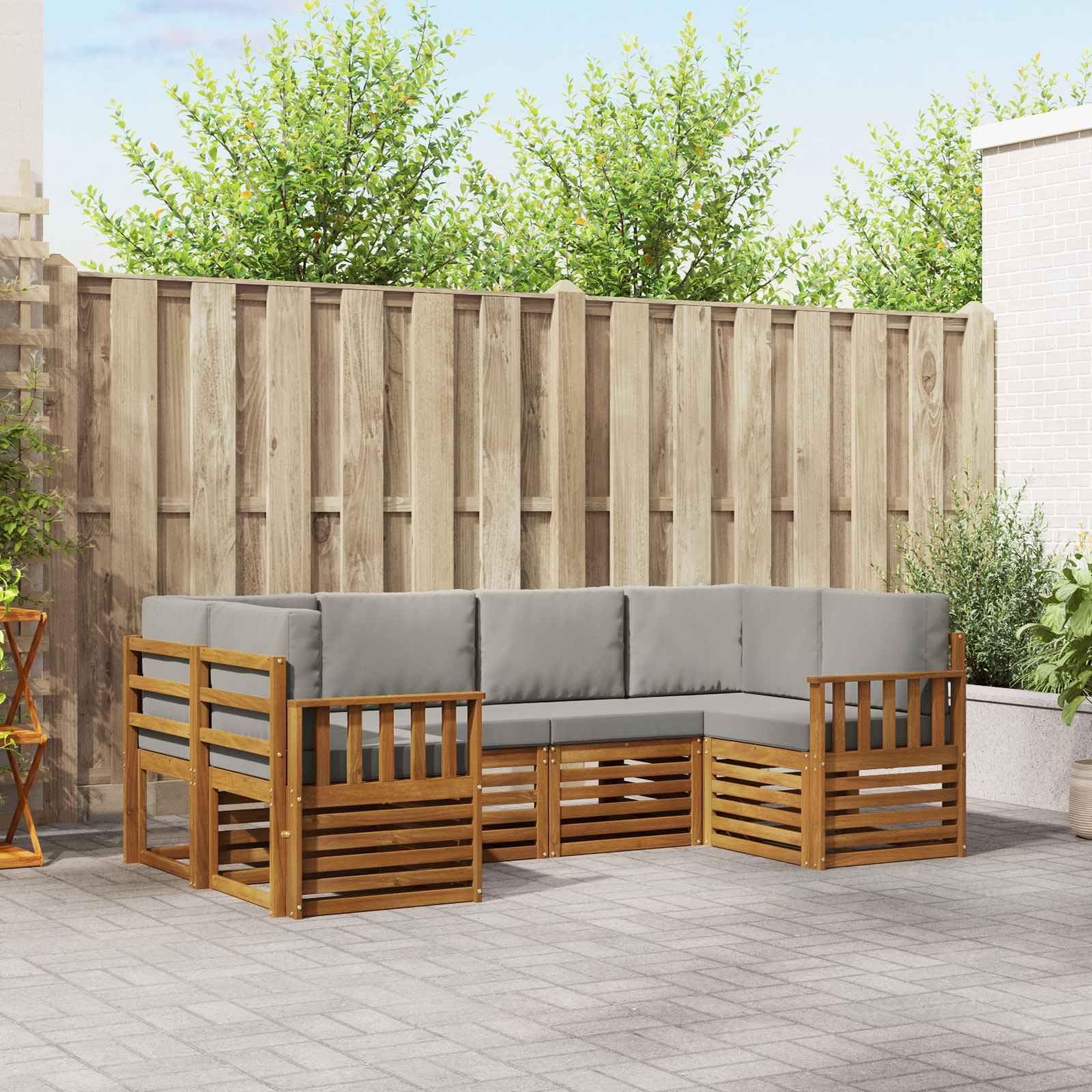 Zestaw mebli ogrodowych z 6 poduszkami, kolor naturalny, jasnoszary, odporny na warunki atmosferyczne, trwały, na taras, balkon, do salonu, jadalni, z poduszkami do siedzenia i wzorem z