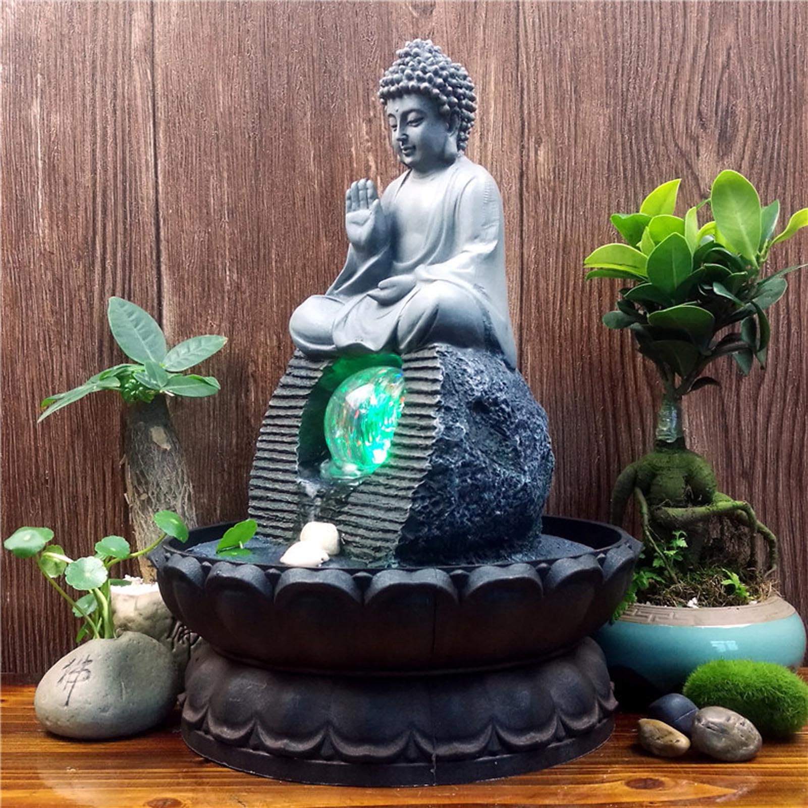 Fontaine de Statue de Bouddha en Résine avec Lotus, Fontaine d'eau de Table d'intérieur Humidificateur - Fengshui Décoration pour Bureau, Maison, Jardin et Terrasse,Gris,Buddha D