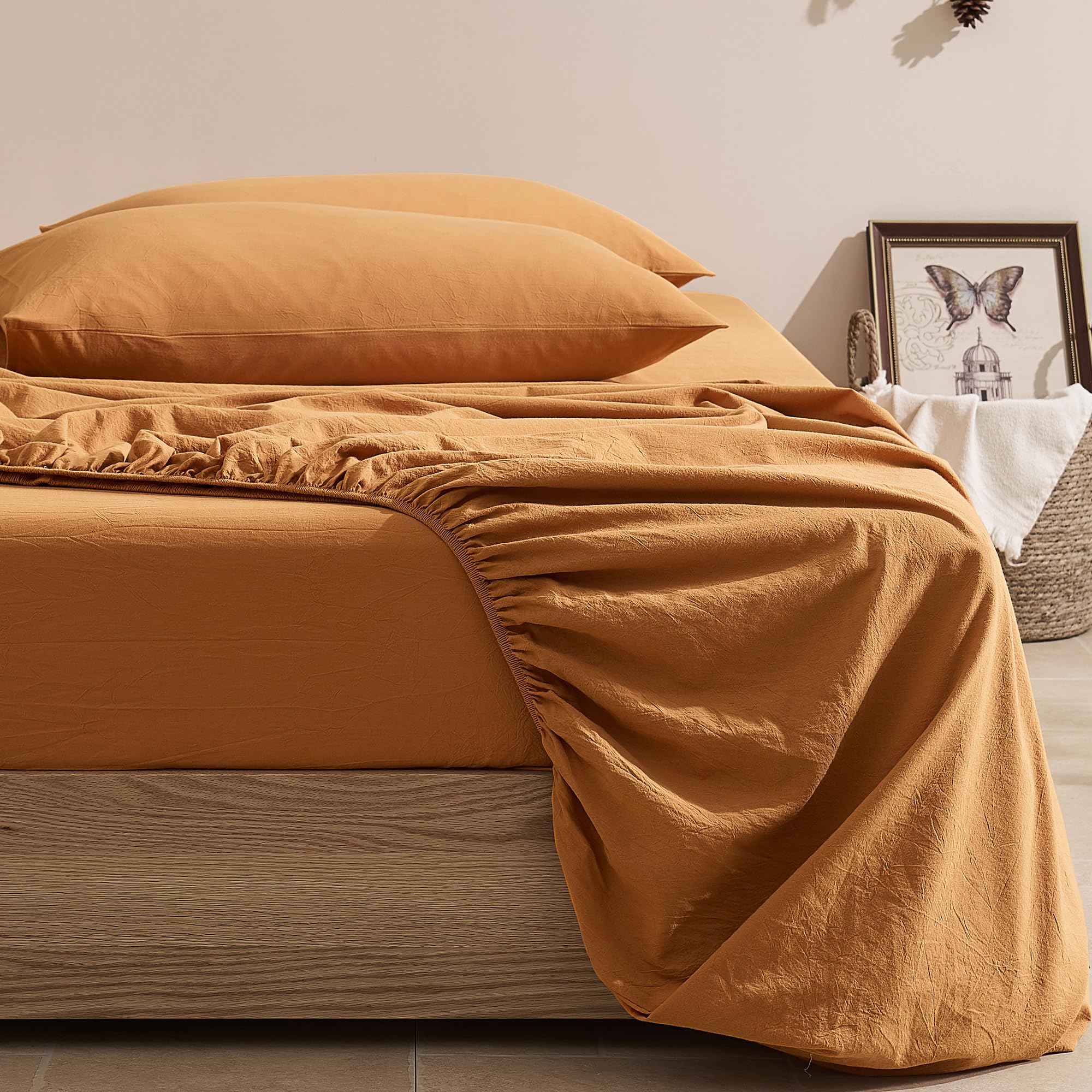 Photo 1 of JELLYMONI Fitted Sheet Queen Cotton Amber Orange 1pc Easy-Fit 16 Inch Deep Pocket Sheet Bedding Sheet Solid 100% Washed Cotton Soft Breathable Durable Fitted Bed Sheet (60”x 80”+16”)