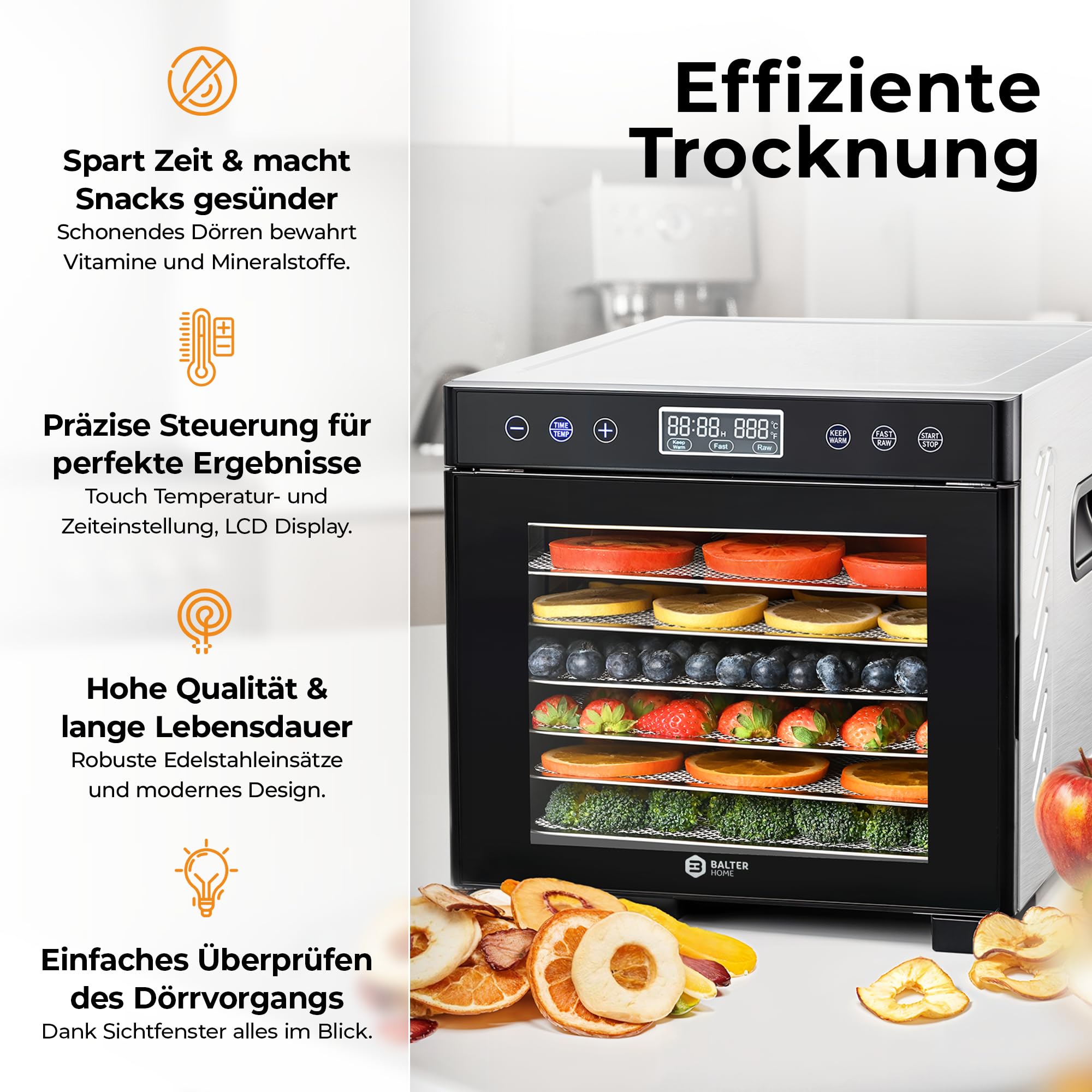 Balter Dörrautomat Edelstahl, Dörrgerät mit 7 Einlegefächern, BPA-frei, 600 W, 35°–75°C, Timer bis 48 Std, Dehydrator, Obsttrockner, Dörrapparat, Warmhaltefunktion, Obst Fleisch Pilze, Rezeptbuch