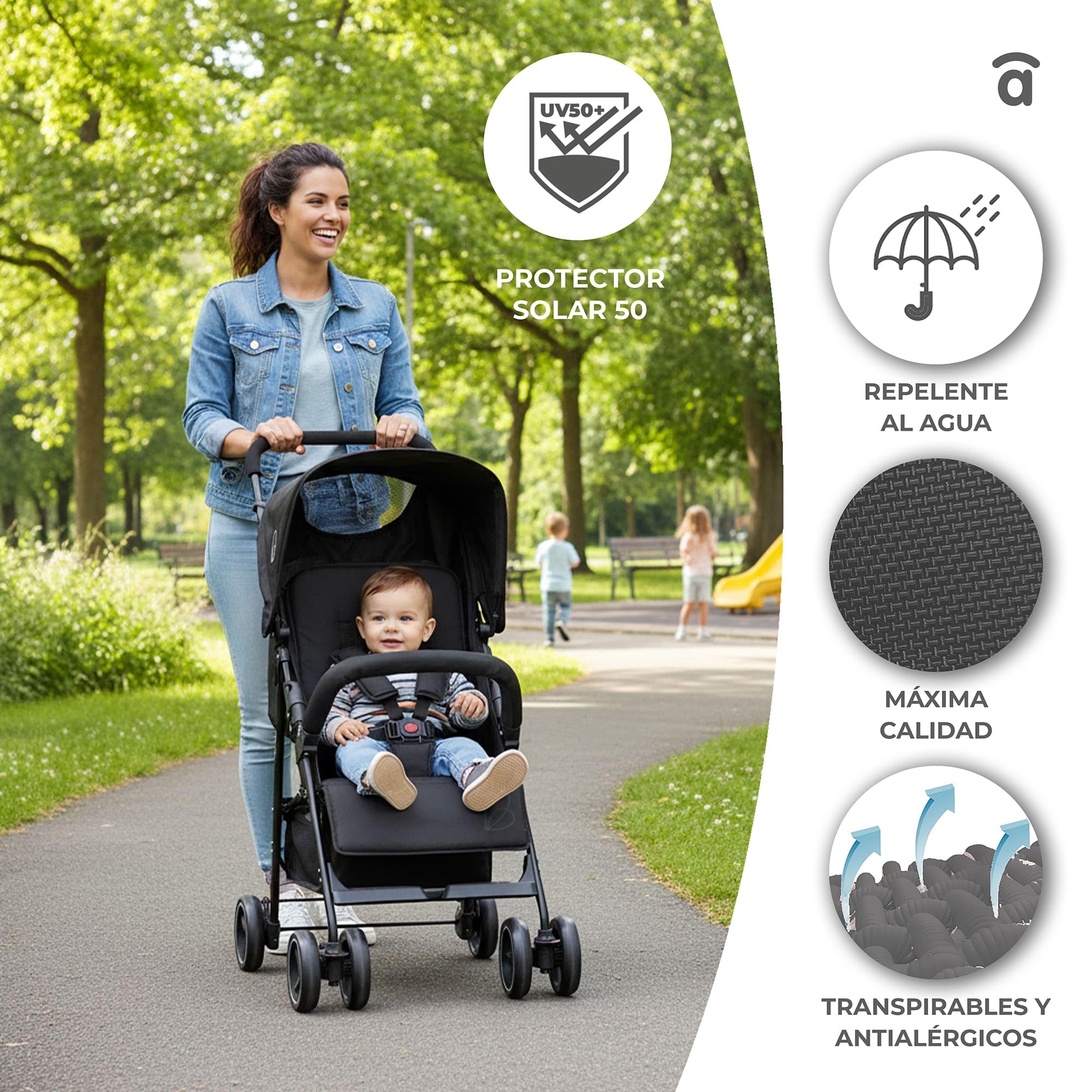Asalvo Berlin Poussette ultra légère pour bébé avec dossier inclinable, harnais 5 points, SPF50+, capote, maniable et sécurité maximale, jusqu'à 16 kg, noir