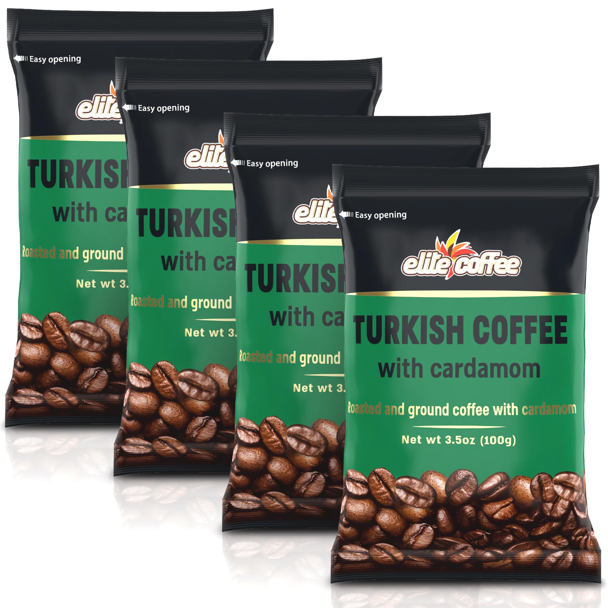 Elite Turkish Coffee with Cardamom Spice | Premium Quality Ground Coffee Beans | Dark Roasted and Grind to Perfection | Robust Taste | 4 Pack (100g Per Pack)