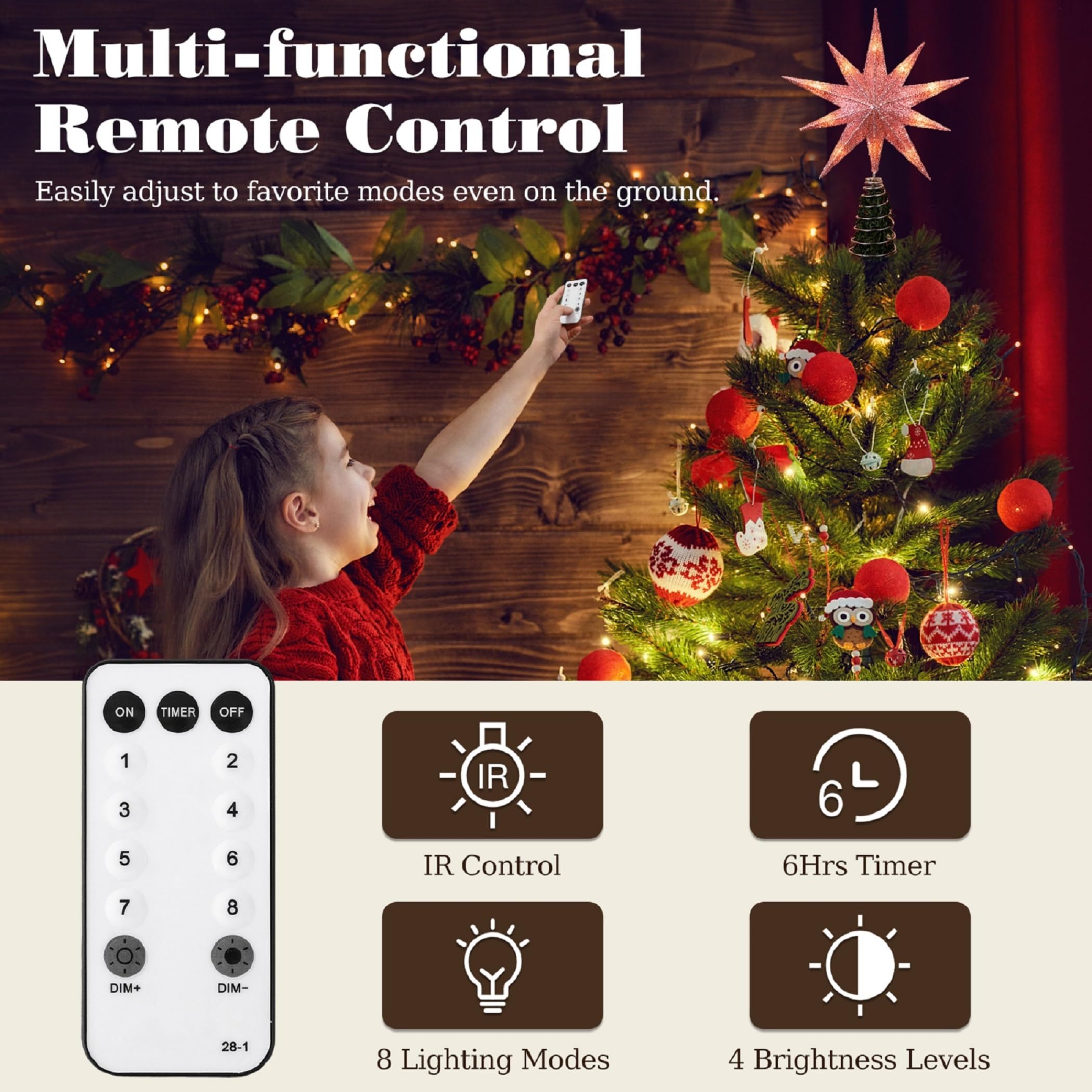 Lewondr Étoile de Cime d'arbre Noël, 13 Pouces Étoile de Noël à 10 Pointes Lumineuse avec Prise et Télécommande pour Décoration, Minuterie 6H & 8 Modes d'Éclairage, Lumière Chaude, Rose