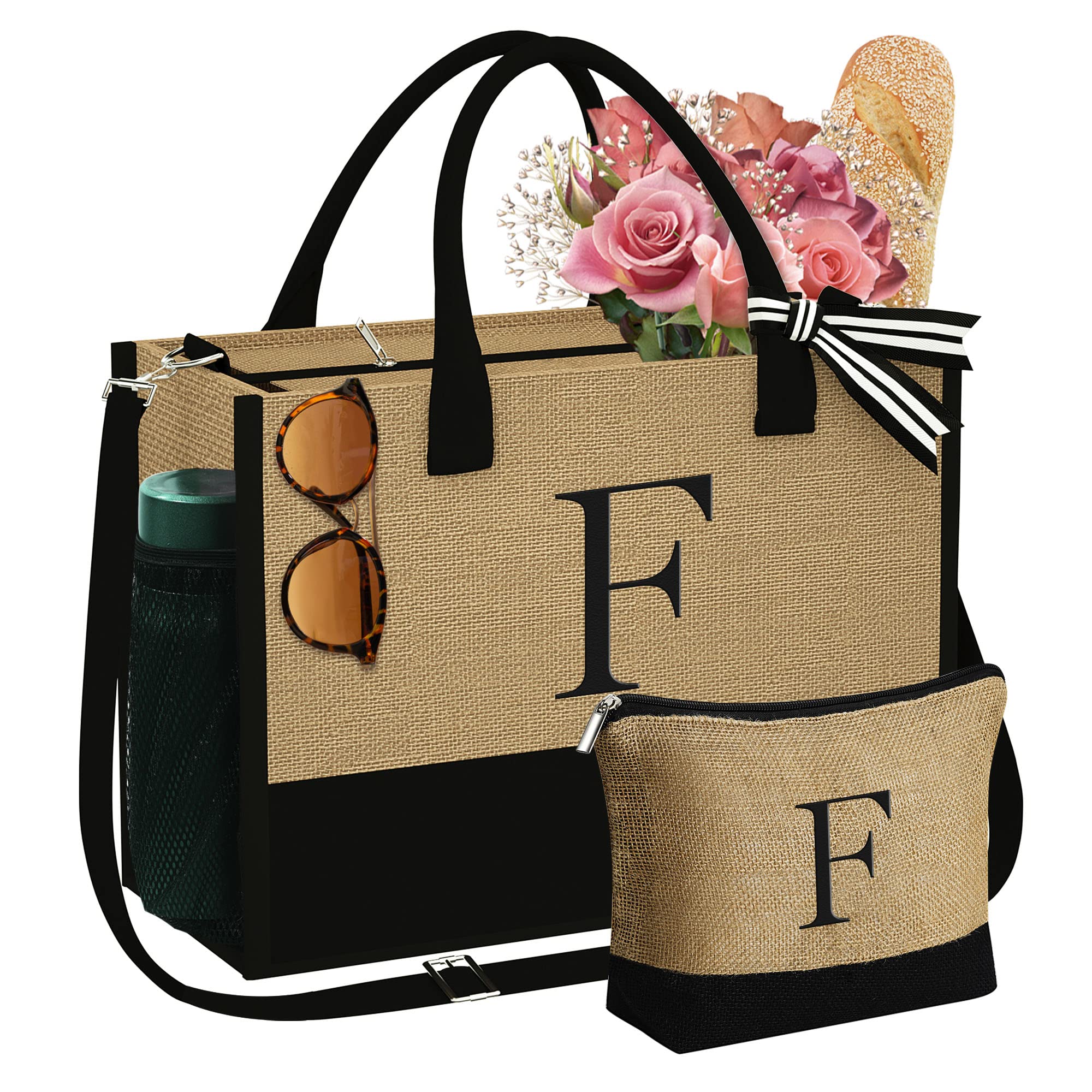 YOOLIFE Valentines Day Gifts for Her - Initial Jute Tote Bag & Makeup Bag, Birthday Gifts for Women Teacher Mom Wife Friend