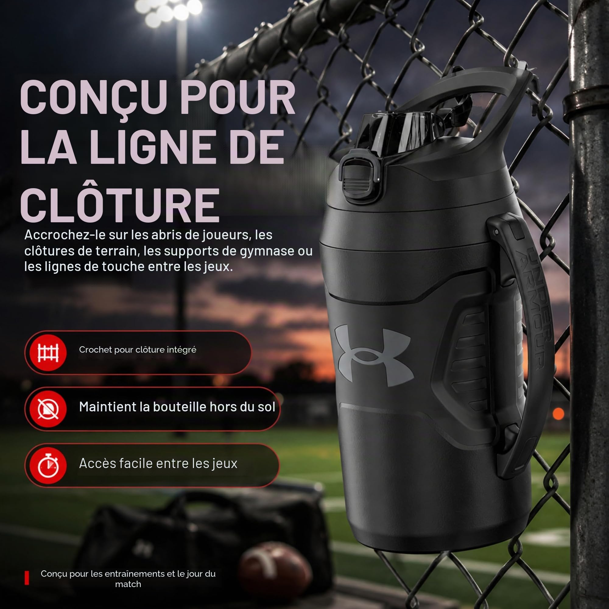 Under Armour Playmaker Carafe de sport, bouteille d'eau avec poignée, isolation en mousse et résistante aux fuites, 1,9 l, noir/noir