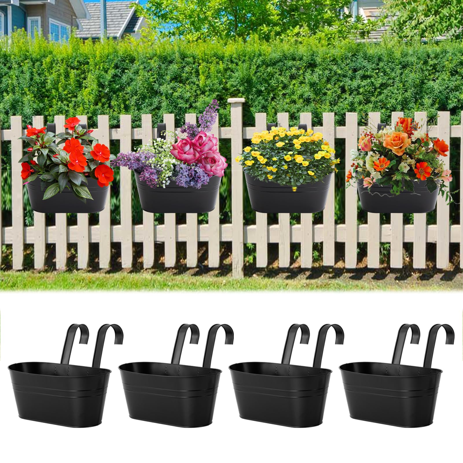 4Pcs Metal Iron Hanging Planters for Outdoor Plants Railing Planter with Drainage Holes and Hocks, Balcony Flower Pots for Porch, Railing, Balcony, Fence, Patio (4, Black)