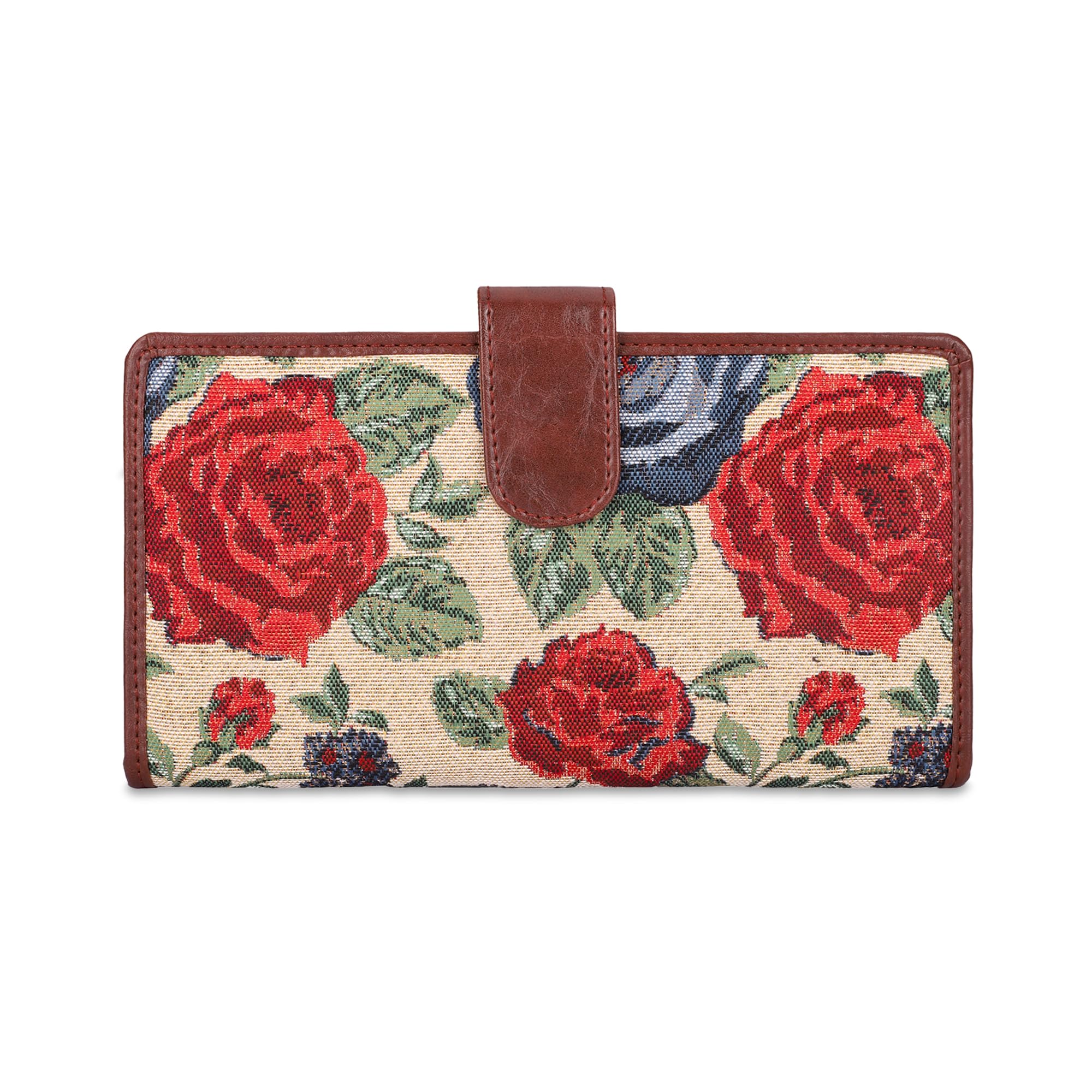 Voyage Vault Series Tapestry Fabric & Faux Leather Unisex Dual Passport Wallet Travel Document & Cash Organizer with Multiple Card Holder Slots & Button Flap Closure (Red-Floral)-image-18