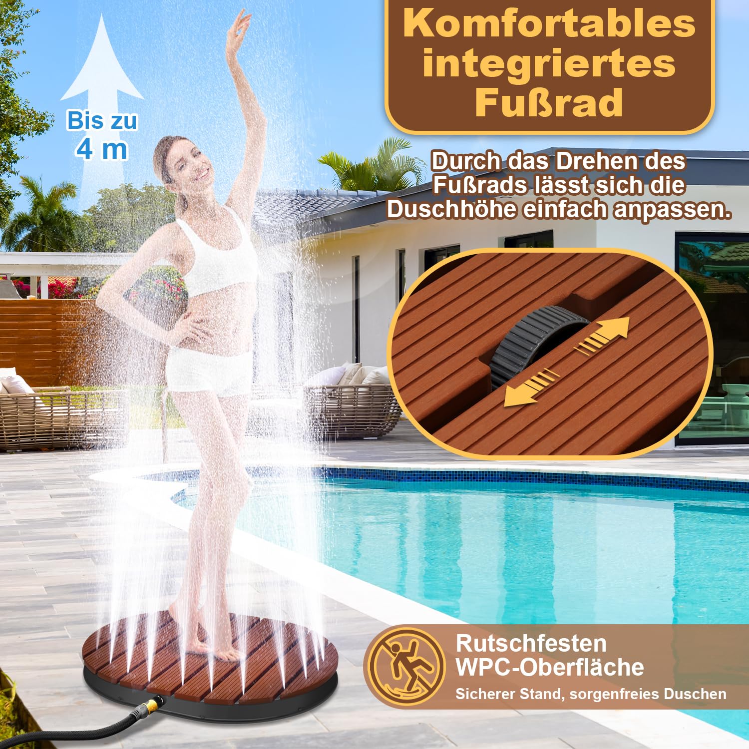 𝐎𝐥𝐥𝐞𝐰𝐢𝐞𝐥𝐥𝐚𝐧 Bodendusche Outdoor WPC, Gartendusche Außendusche mit Bodenplatte, Pooldusche mit 22 Messingdüsen,Wasserfontäne bis 4 m, Kalt-/Warmwasser Y-Verteiler,300 kg,Tragetasche