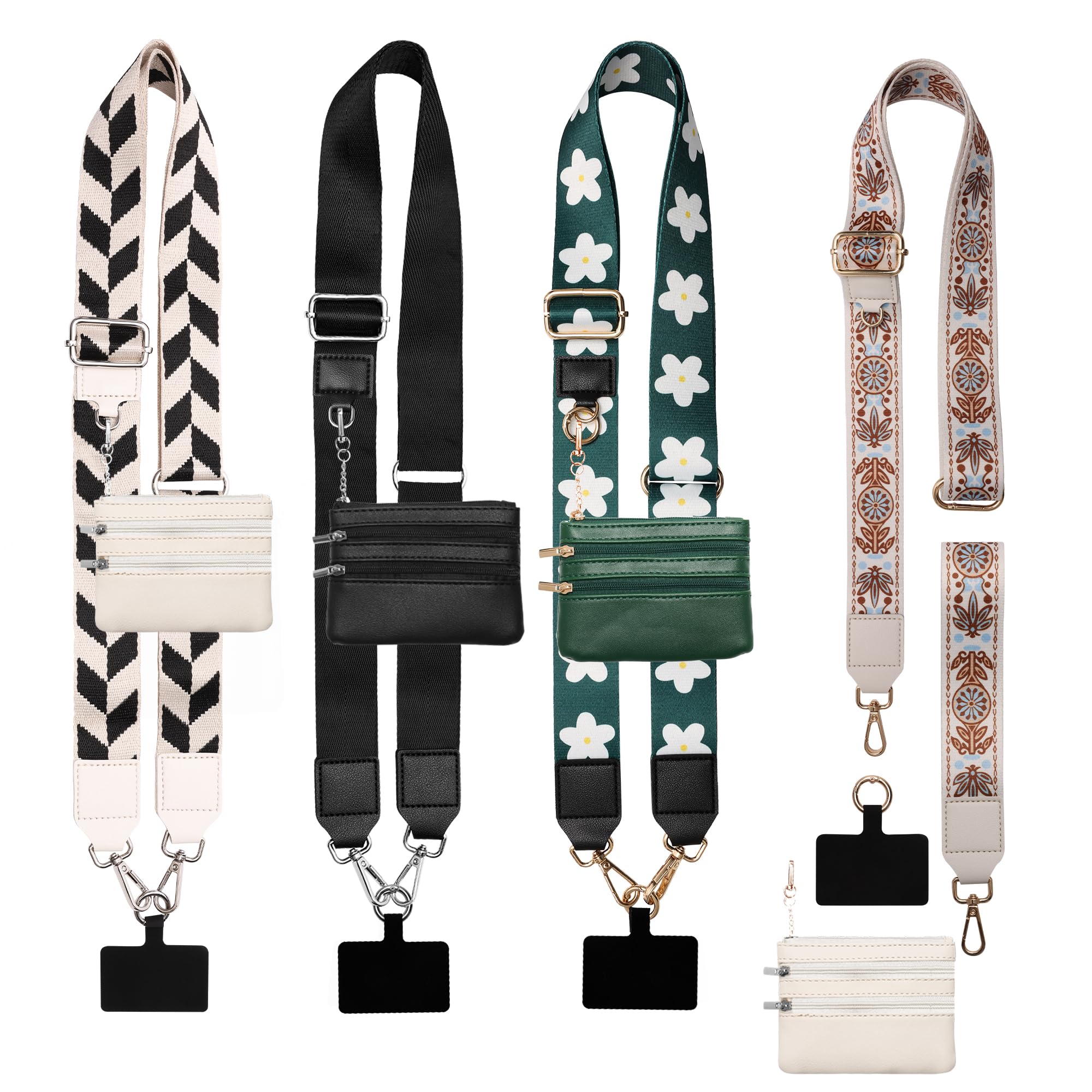 4 cinghie clip and go per telefono con tracolla a portafoglio, elegante cordino per cellulare con custodia con cerniera, tracolla regolabile con 4 motivi per tutti i telefoni