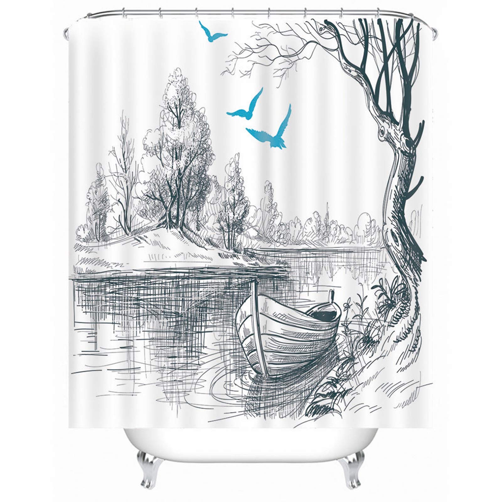 EHOMERY Waterproof Shower Curtain Short Shower Curtains For Bathroom Fun Boat Bird Trees Waterproof Shower Curtain Retro Waterproof Shower Curtains Extra Width Polyester White, 90X180Cm