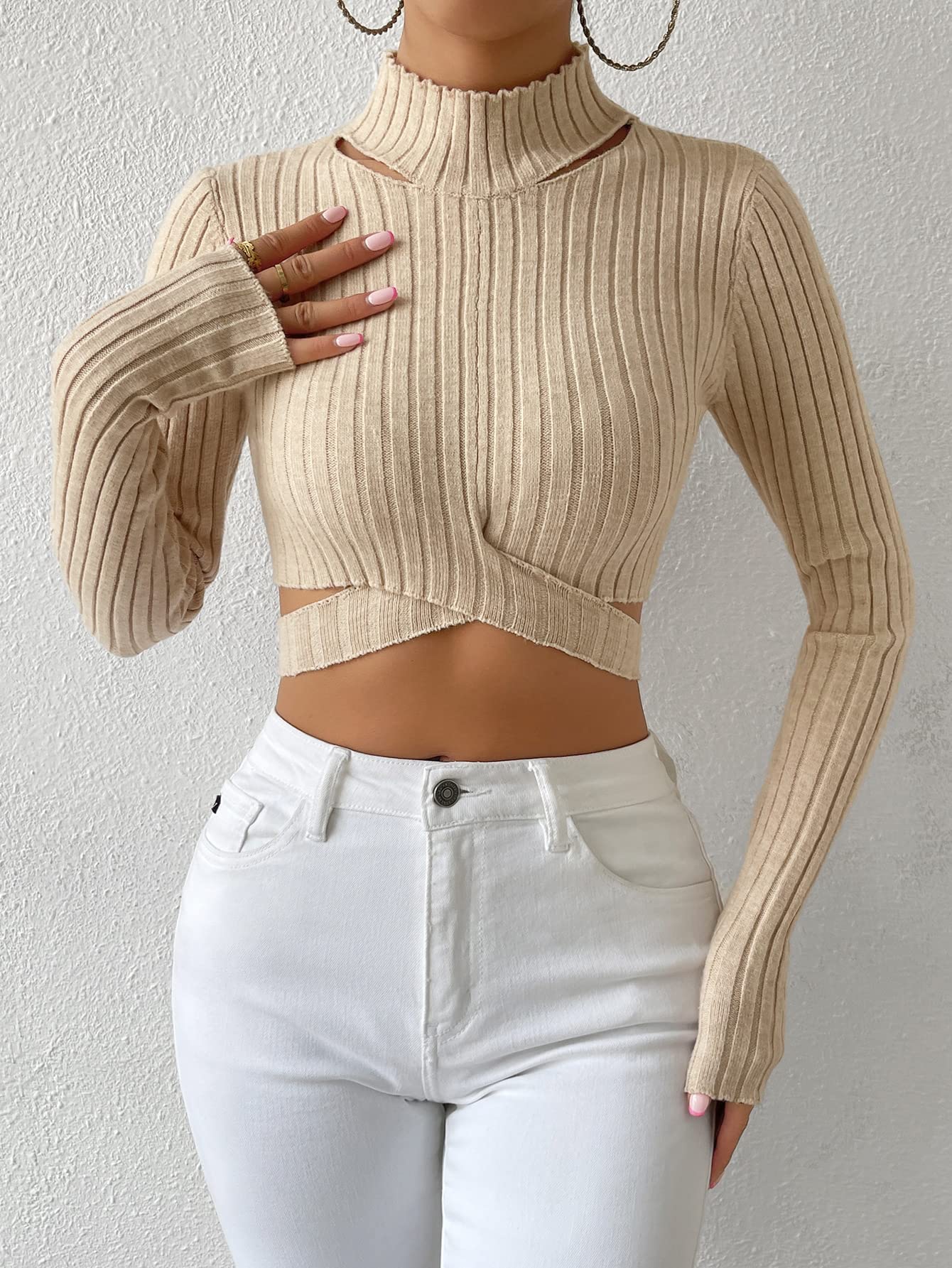 PsampaPsampa Mock Neck Lettuce Trim Cut Out Wrap Tie Back Crop Sweater  Ladies Sweaters (Color Apricot, Size M)