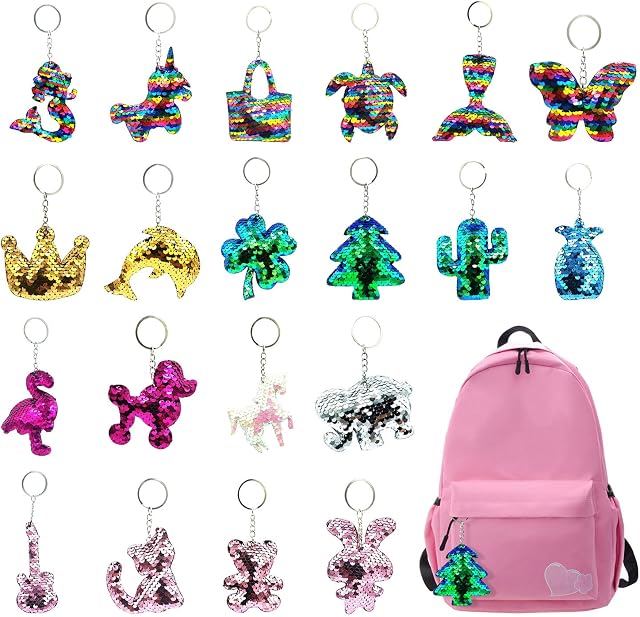 VIKSAUN 20 pcs Colorful Sequin Keychains, Girls Keyrings Party Bags Fillers, Colorful Reversible Sequins, Birthday Party Gifts Supplies,for Kids & Adults Birthday Favors Backpack Accessories (20 pcs)