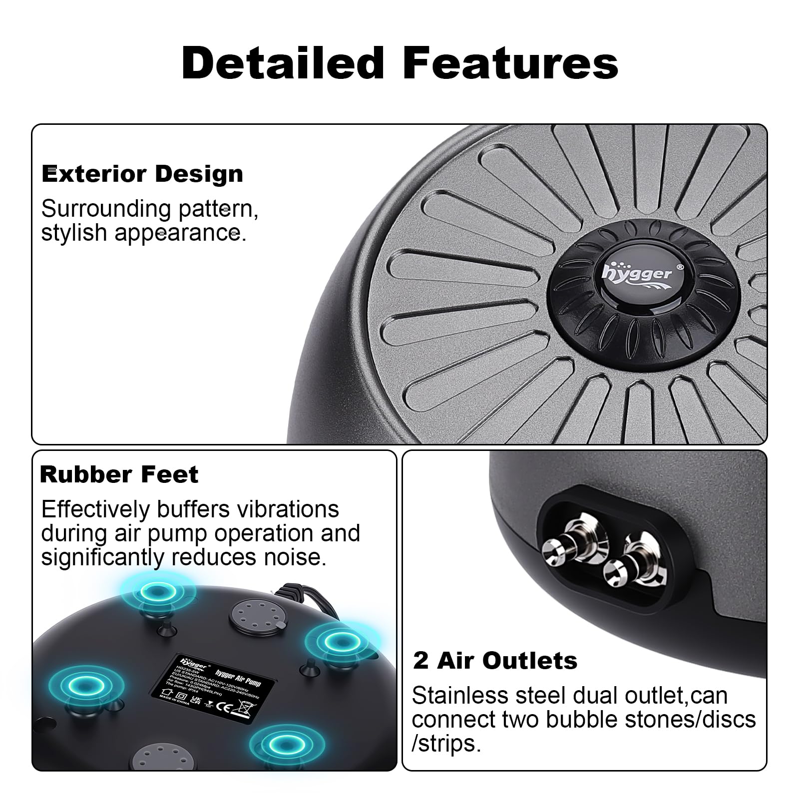 hygger Ossigenatore per Acquario <35 dB Regolabile Pompa di Ossigeno Silenziosa,Aeratore per Acquari con Pietra Porosa Accessori per Serbatoi