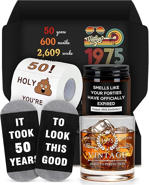 Pradnel 50th Birthday Gifts for Him Cool Gifts for 50 Year Old Man Happy 50th Birthday Decorations for Men Vintage 1975 Wine GlassToilet Paper Roll Novelty Socks Funny 50 Year Old Gift ideas for Mens