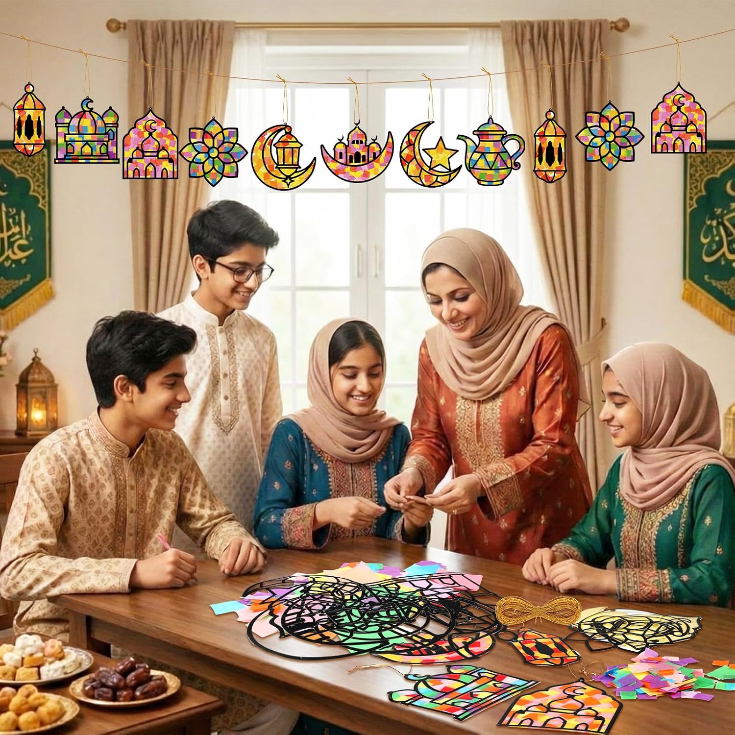 DoubleFill 48 Pcs 36 Sets Suncatchers Crafts Kit DIY Tissue Paper Suncatchers Craft Kit DIY Ornaments for Window Art (Ramadan) image 5